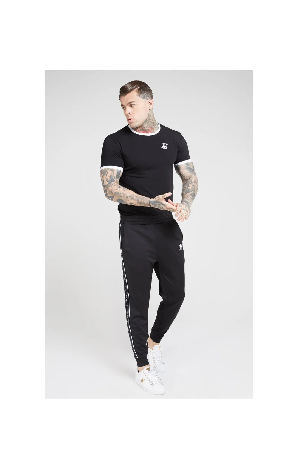 SikSilk S/S Inset Straight Hem Ringer Gym Tee – Black & White - Image 5