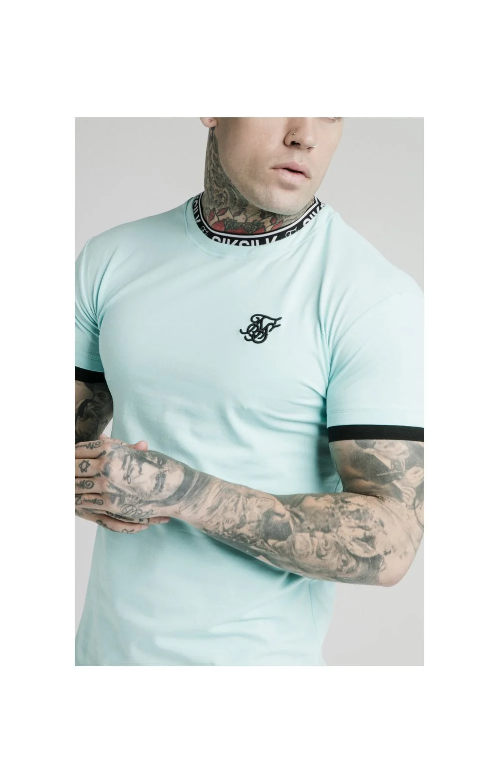 SikSilk S/S Inset Tape Collar Gym Tee - Teal - Image 2