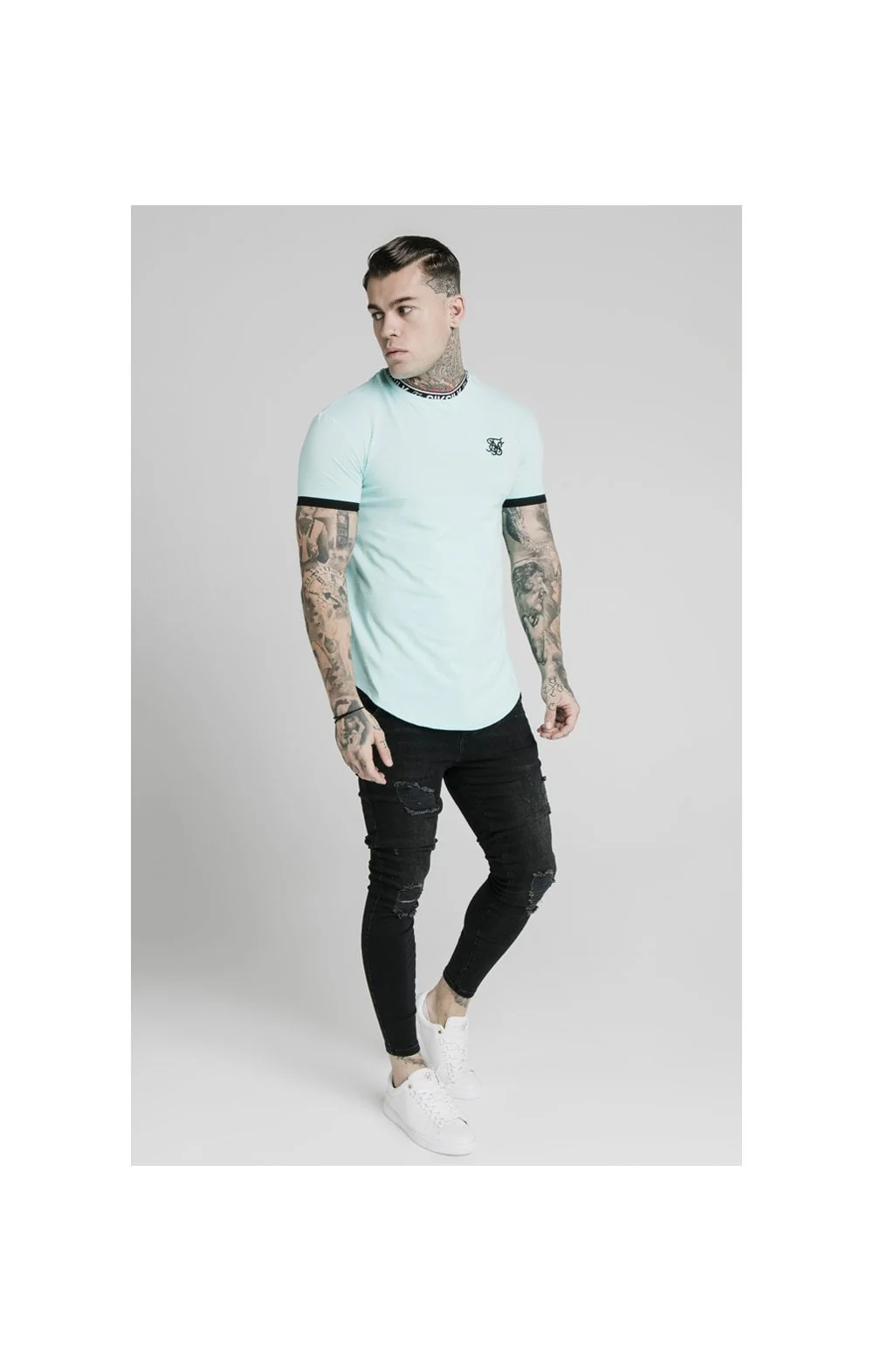 SikSilk S/S Inset Tape Collar Gym Tee - Teal - Image 3