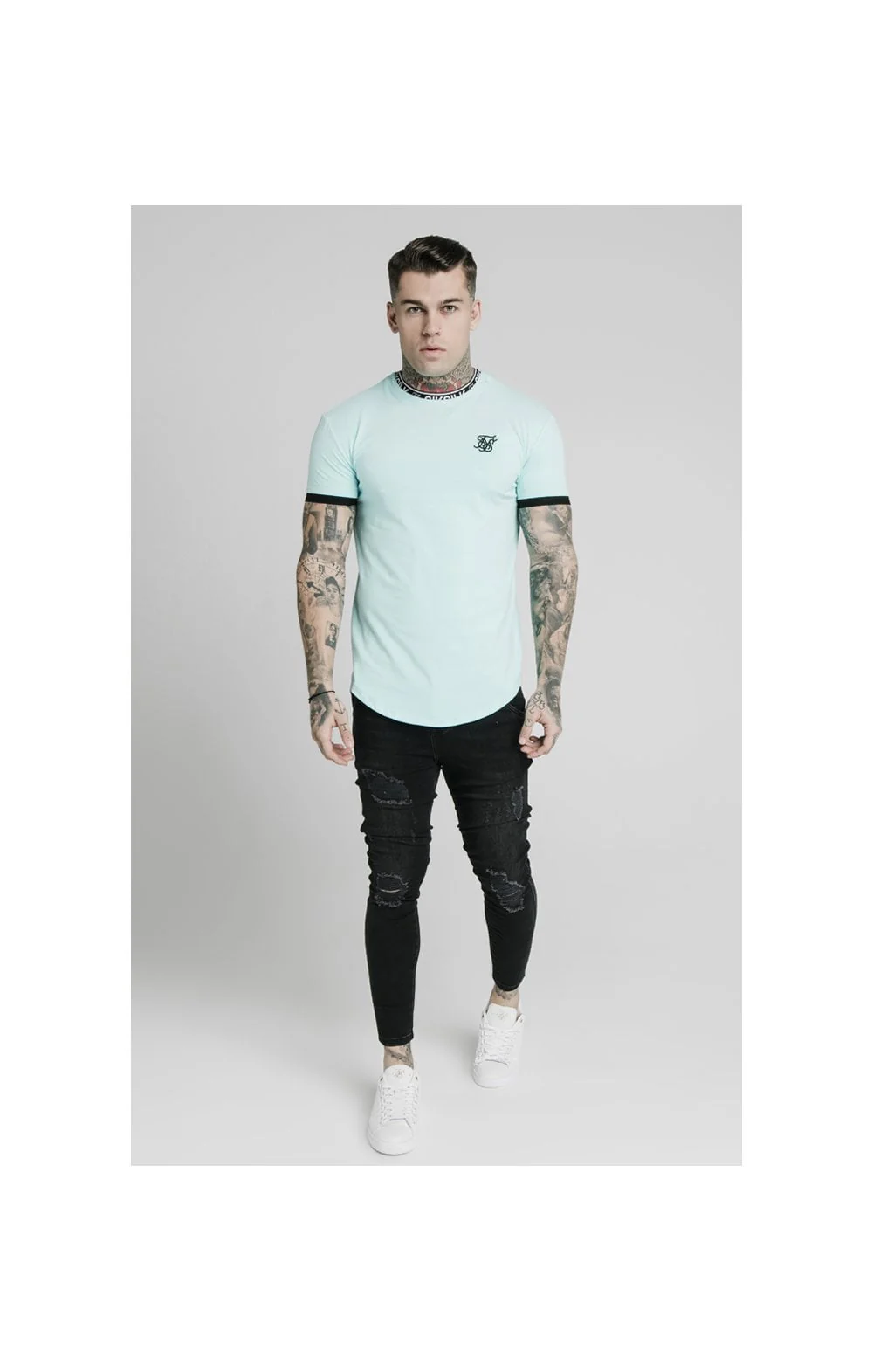 SikSilk S/S Inset Tape Collar Gym Tee - Teal - Image 4
