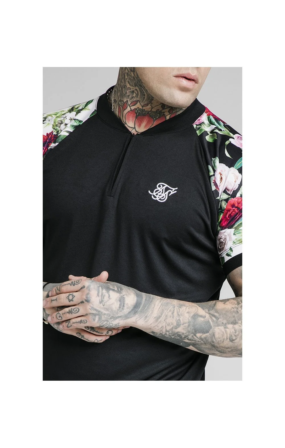 SikSilk S/S Interlock Baseball Tee - Black & Floral Pixel - Image 2