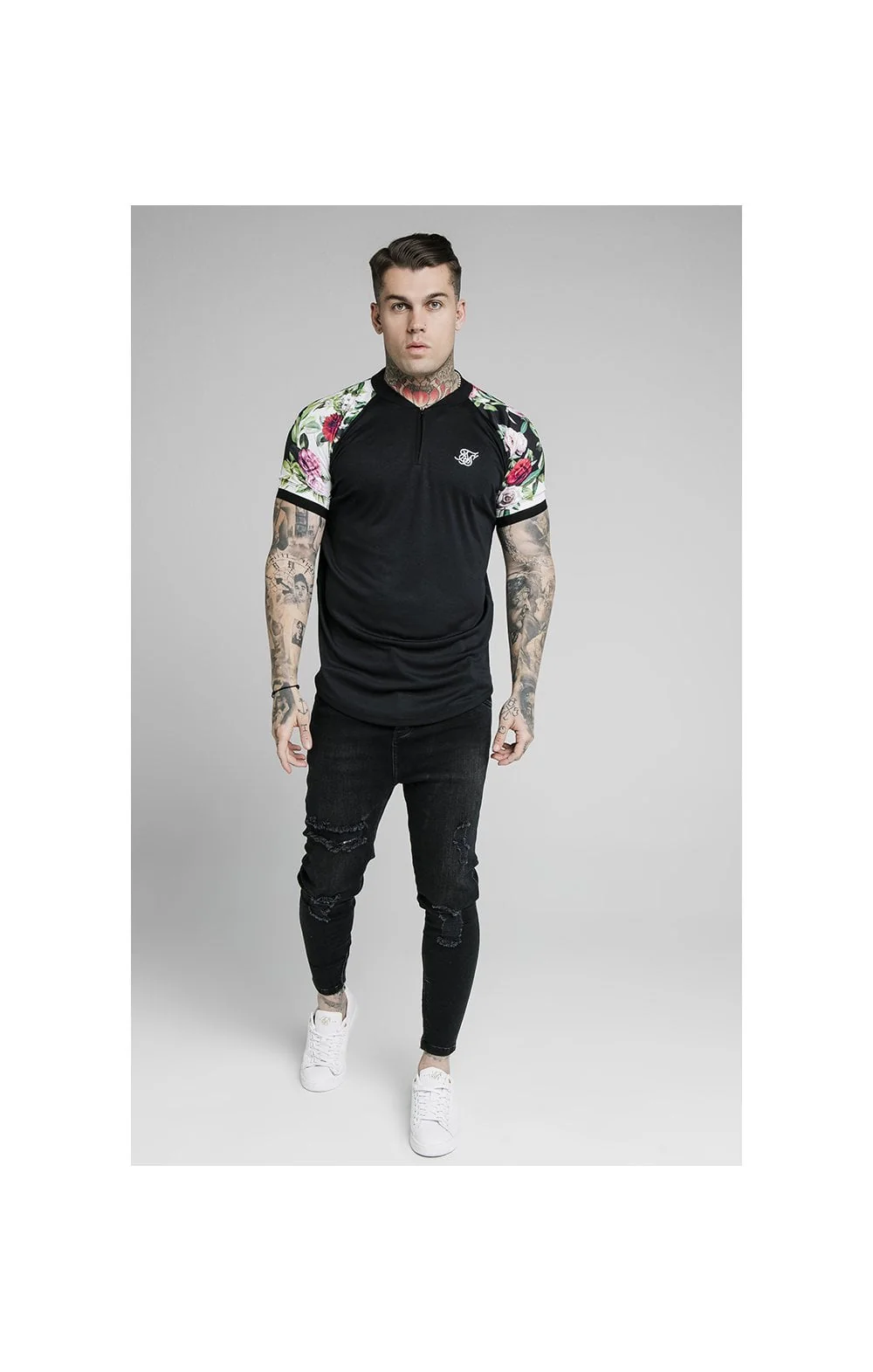SikSilk S/S Interlock Baseball Tee - Black & Floral Pixel - Image 3