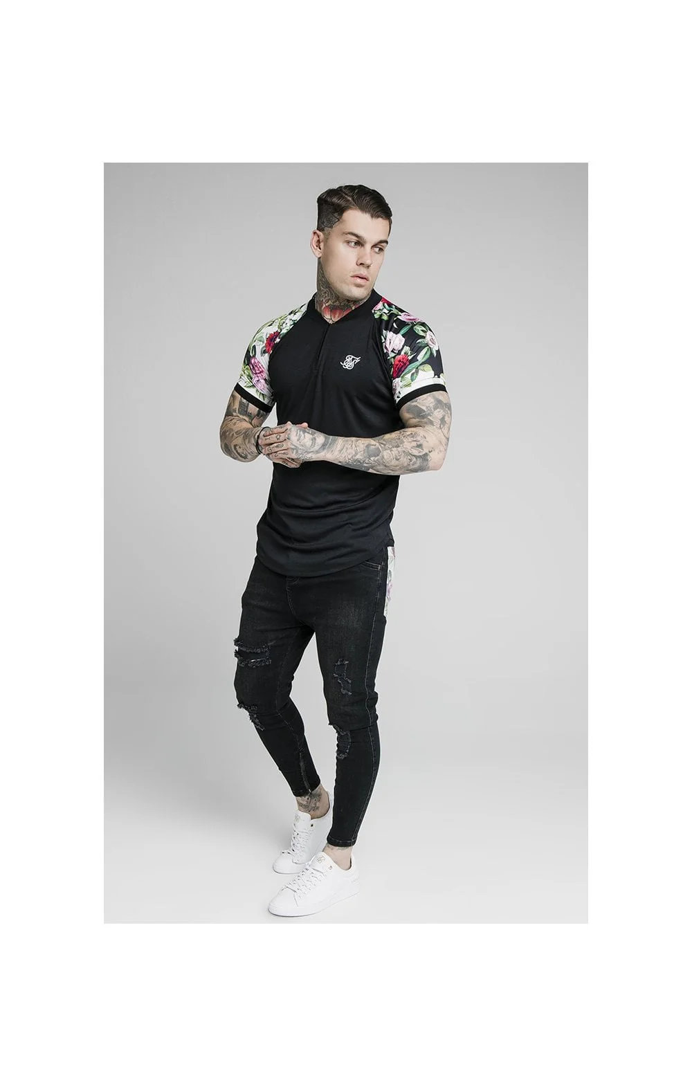 SikSilk S/S Interlock Baseball Tee - Black & Floral Pixel - Image 4