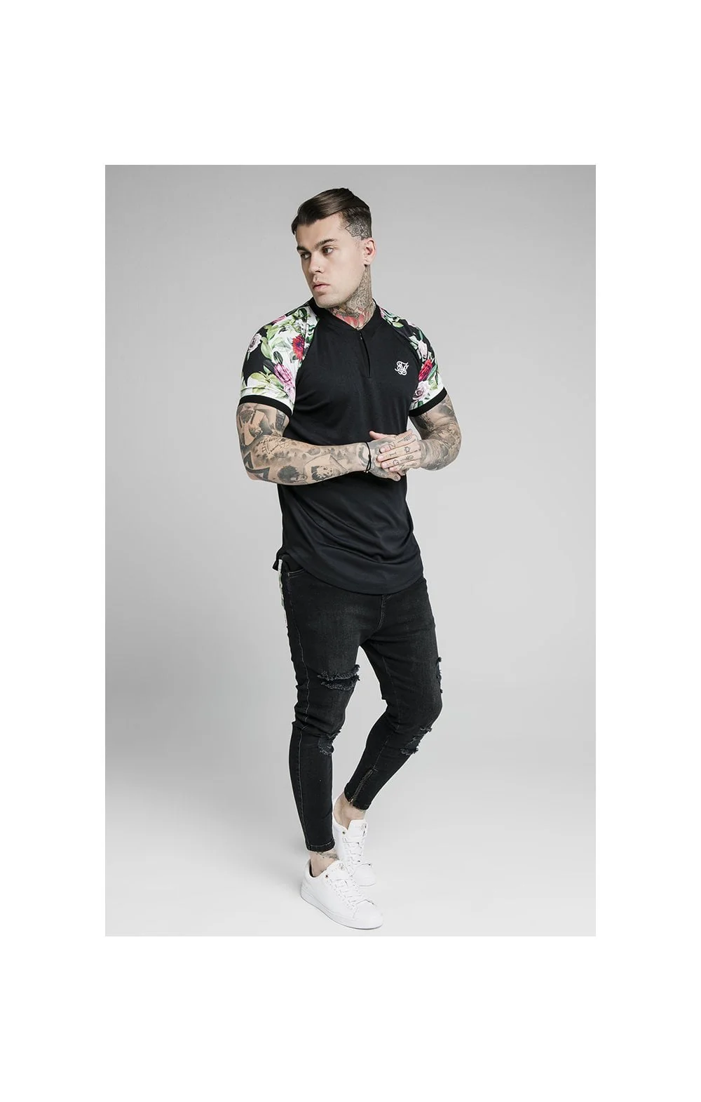SikSilk S/S Interlock Baseball Tee - Black & Floral Pixel - Image 5