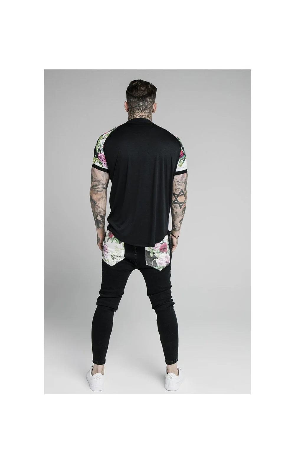 SikSilk S/S Interlock Baseball Tee - Black & Floral Pixel - Image 6