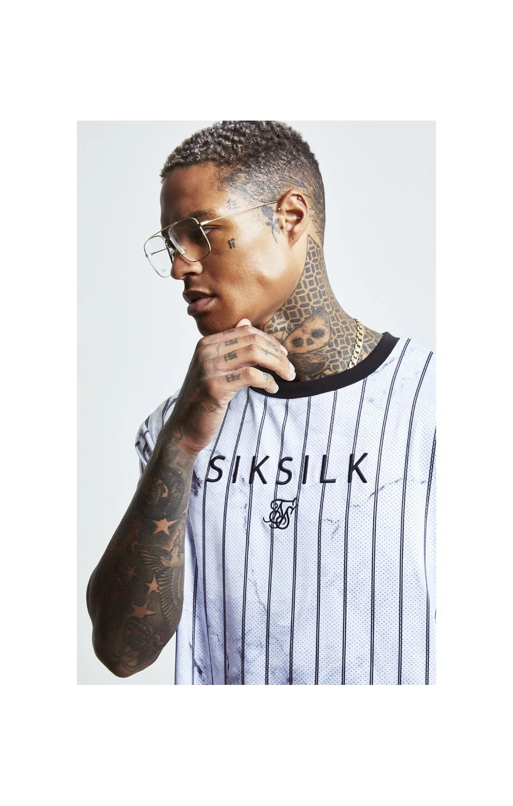 SikSilk S/S Marble Essential Tee - White & Grey - Image 2