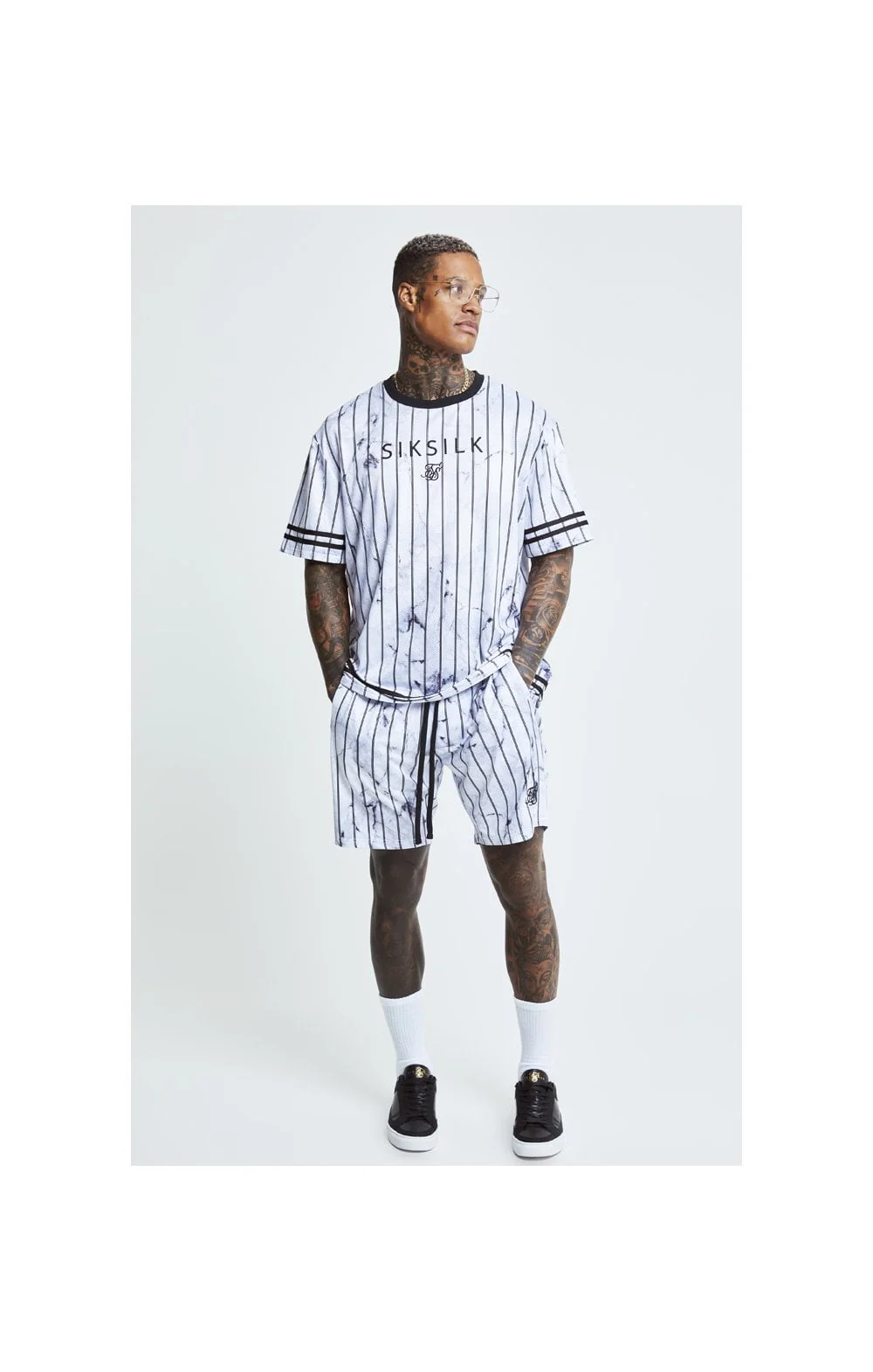 SikSilk S/S Marble Essential Tee - White & Grey - Image 6