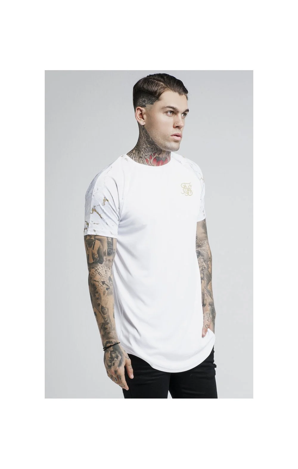 SikSilk S/S Marbleise Raglan Curved Hem Tee - White & Light Grey - Image 2