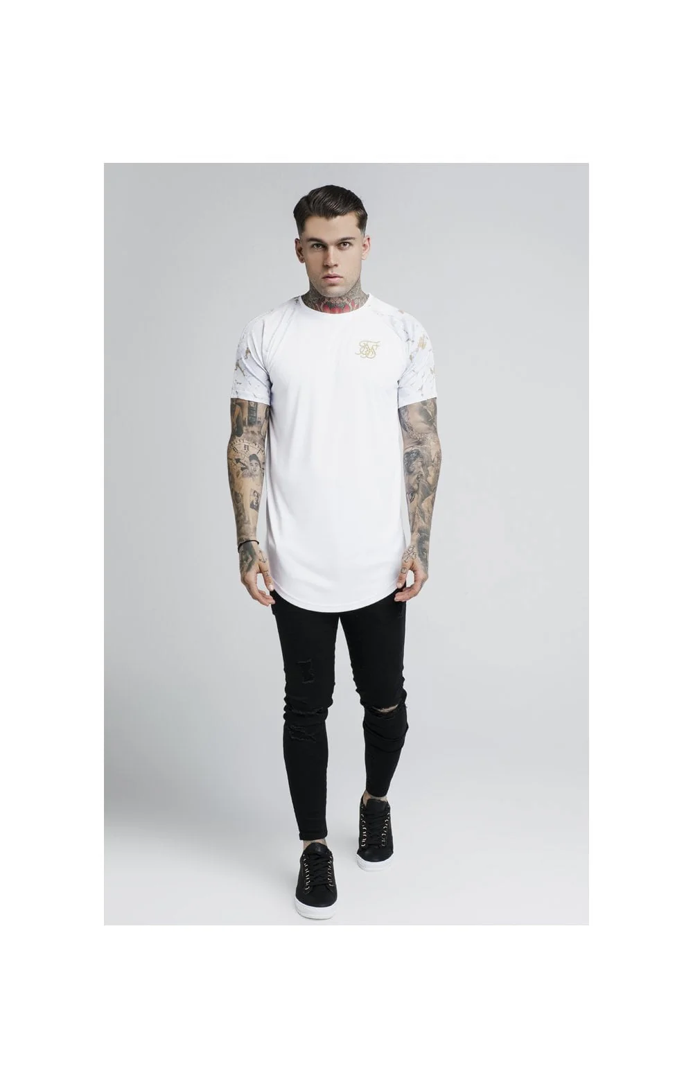 SikSilk S/S Marbleise Raglan Curved Hem Tee - White & Light Grey - Image 3