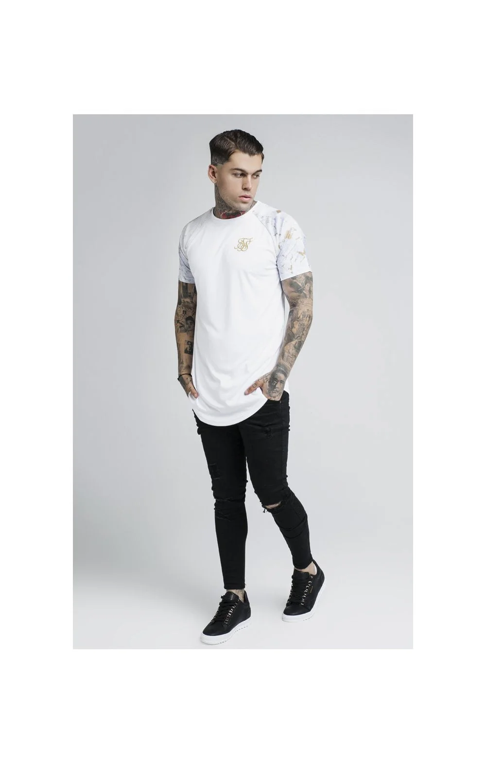 SikSilk S/S Marbleise Raglan Curved Hem Tee - White & Light Grey - Image 4