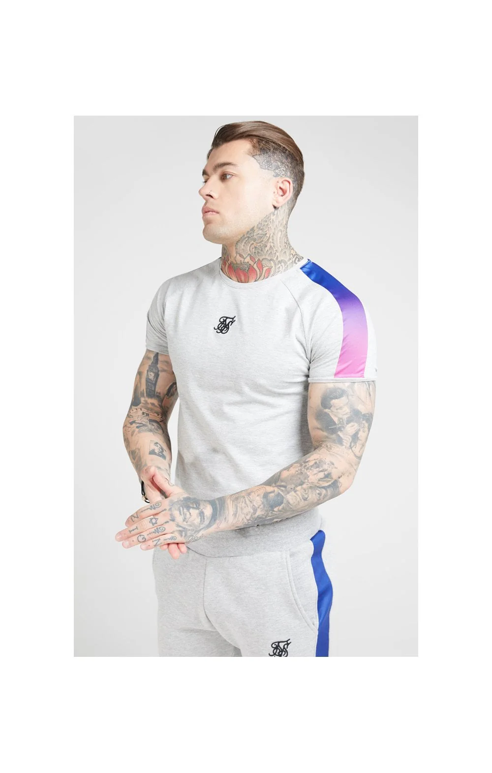 SikSilk S/S Marl Fade Panel Tech Tee – Grey Marl & Neon - Image 2