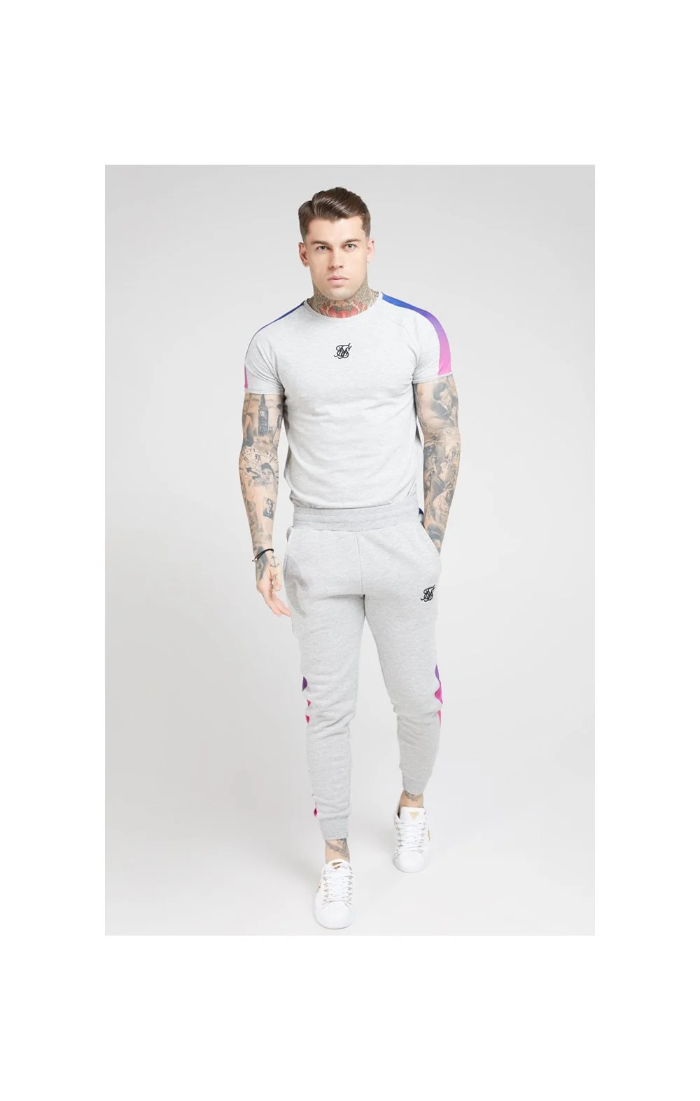 SikSilk S/S Marl Fade Panel Tech Tee – Grey Marl & Neon - Image 4