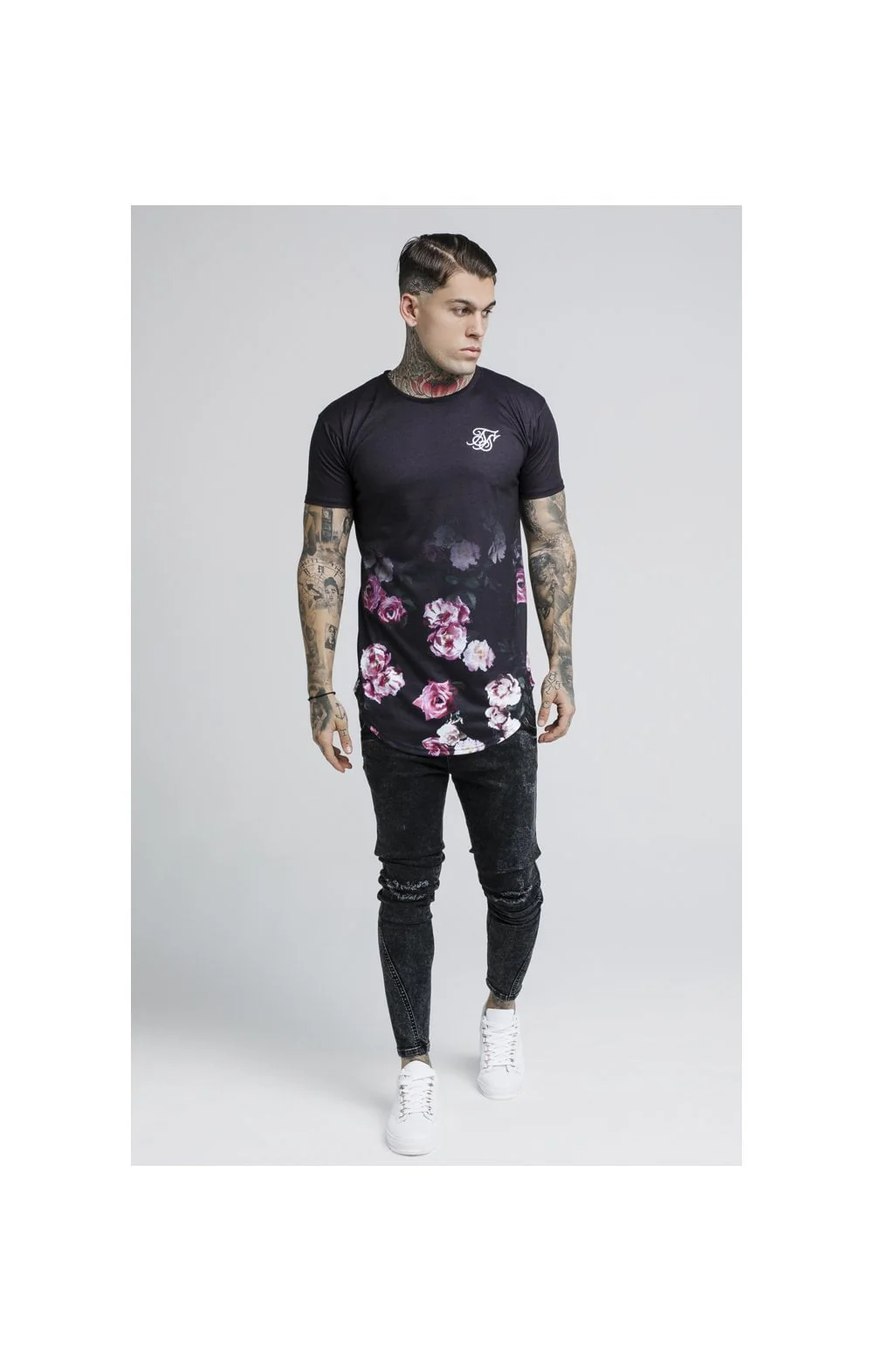 SikSilk S/S Oil Paint Fade Curved Hem Tee – Black - Image 4