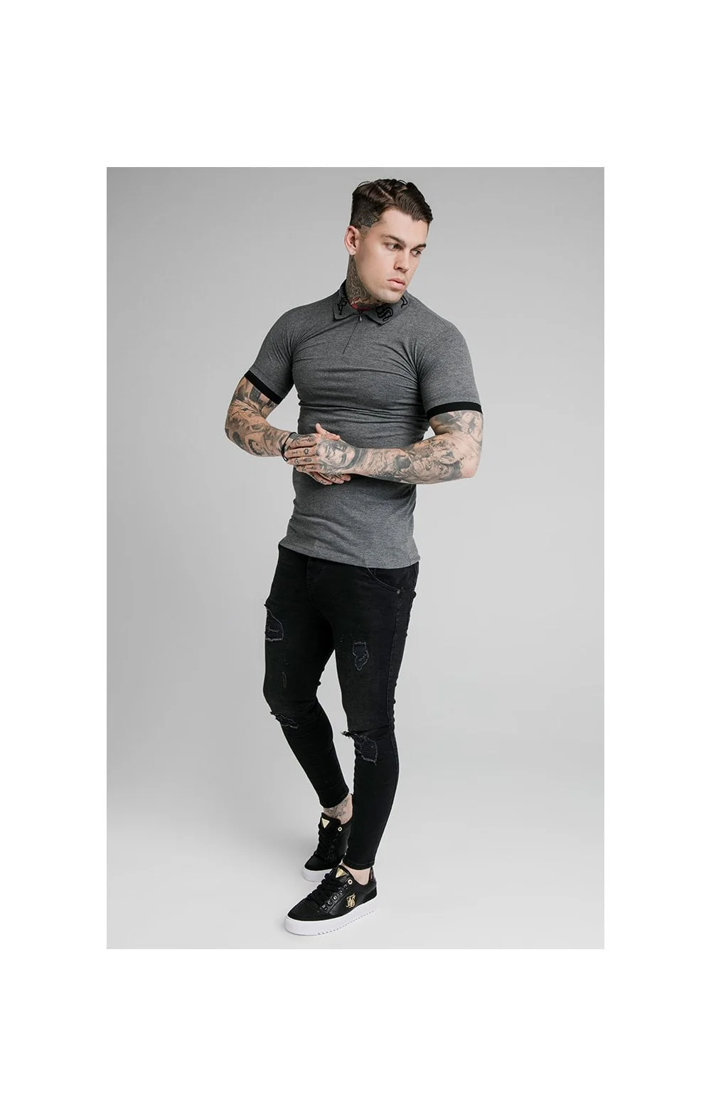 SikSilk S/S Old English Inset Cuff Polo - Dark Grey Marl - Image 3
