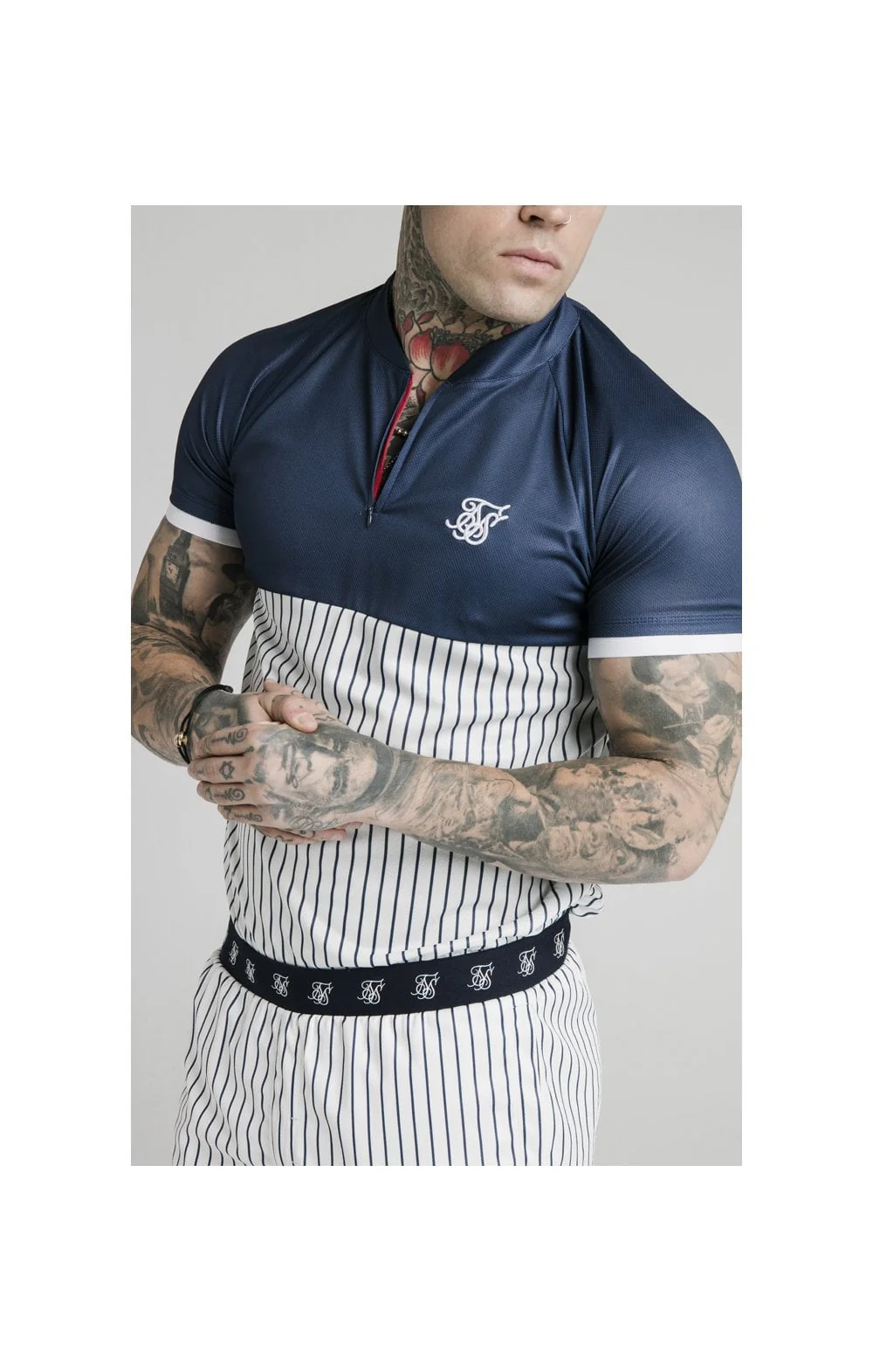 SikSilk S/S Pinstripe Baseball Tee - Navy & White