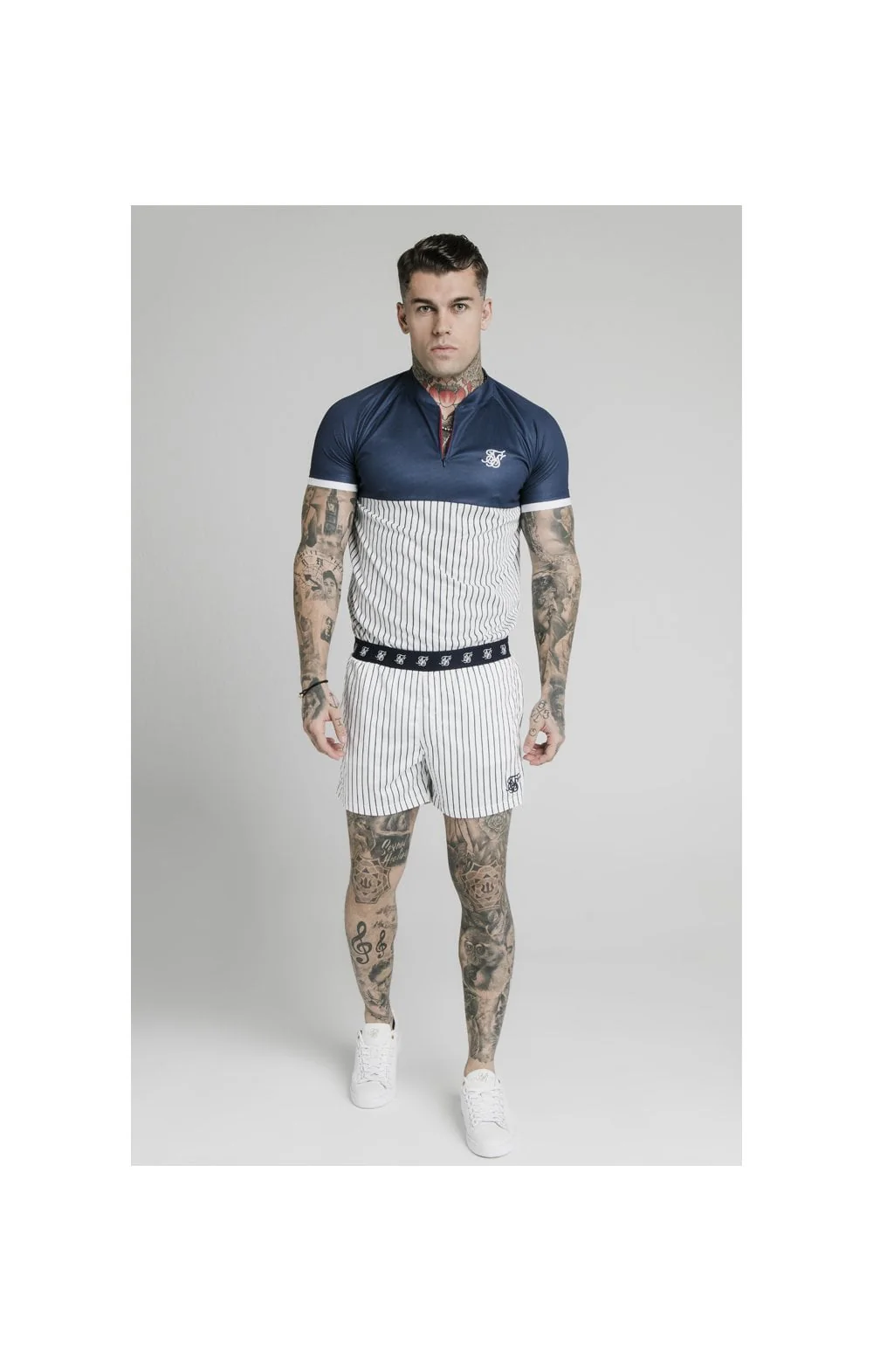 SikSilk S/S Pinstripe Baseball Tee - Navy & White - Image 2