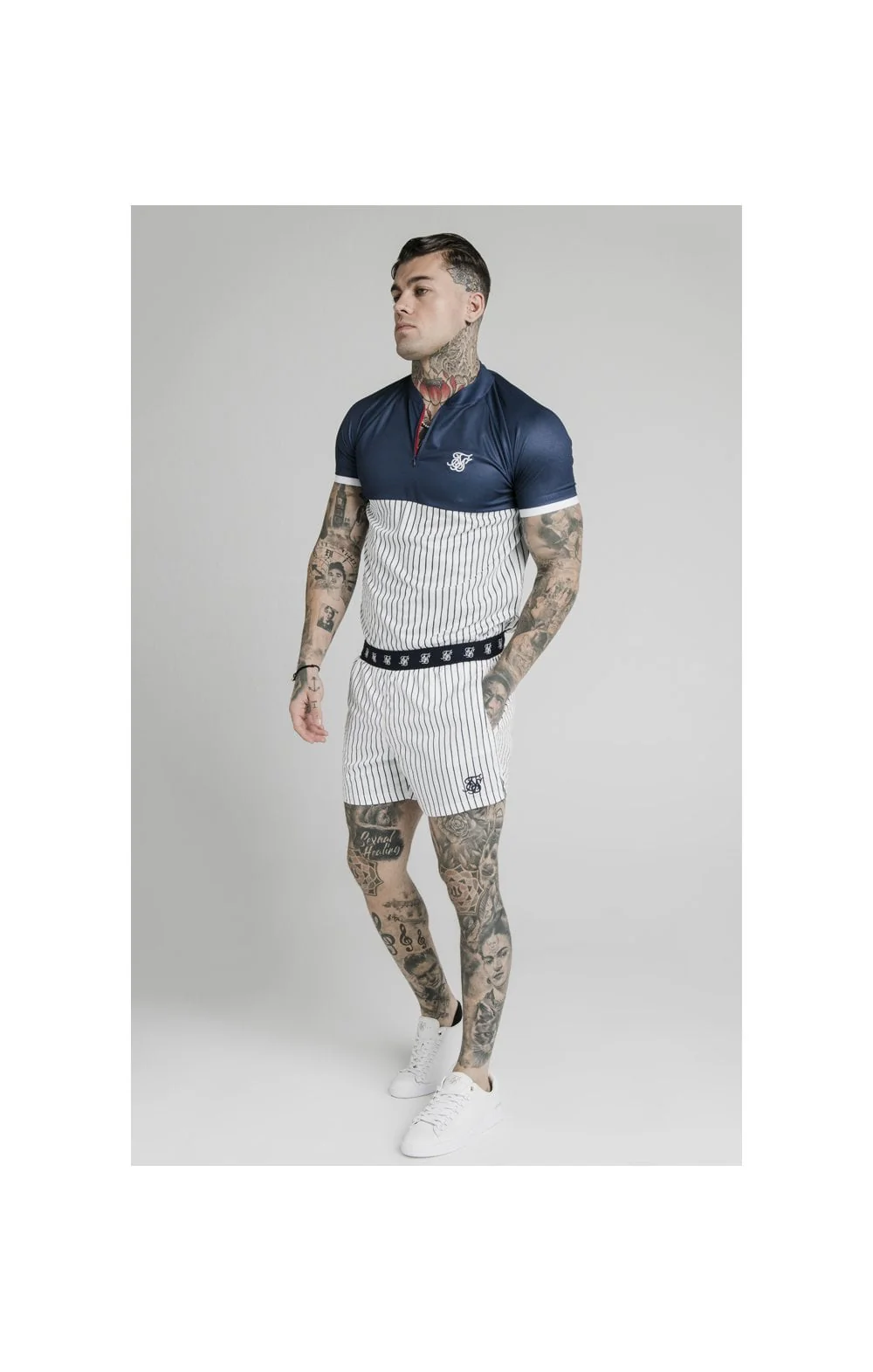 SikSilk S/S Pinstripe Baseball Tee - Navy & White - Image 3