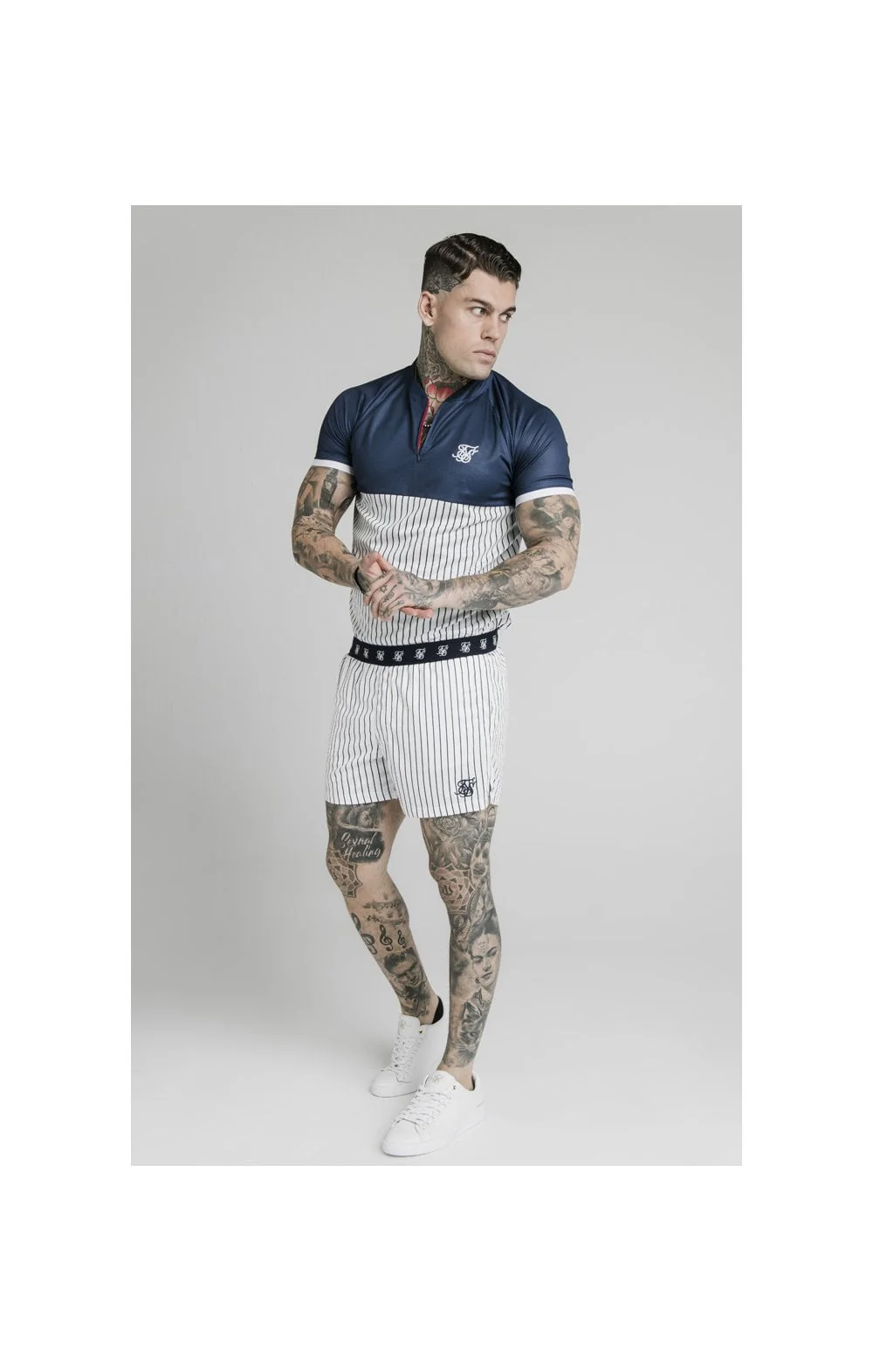 SikSilk S/S Pinstripe Baseball Tee - Navy & White - Image 4