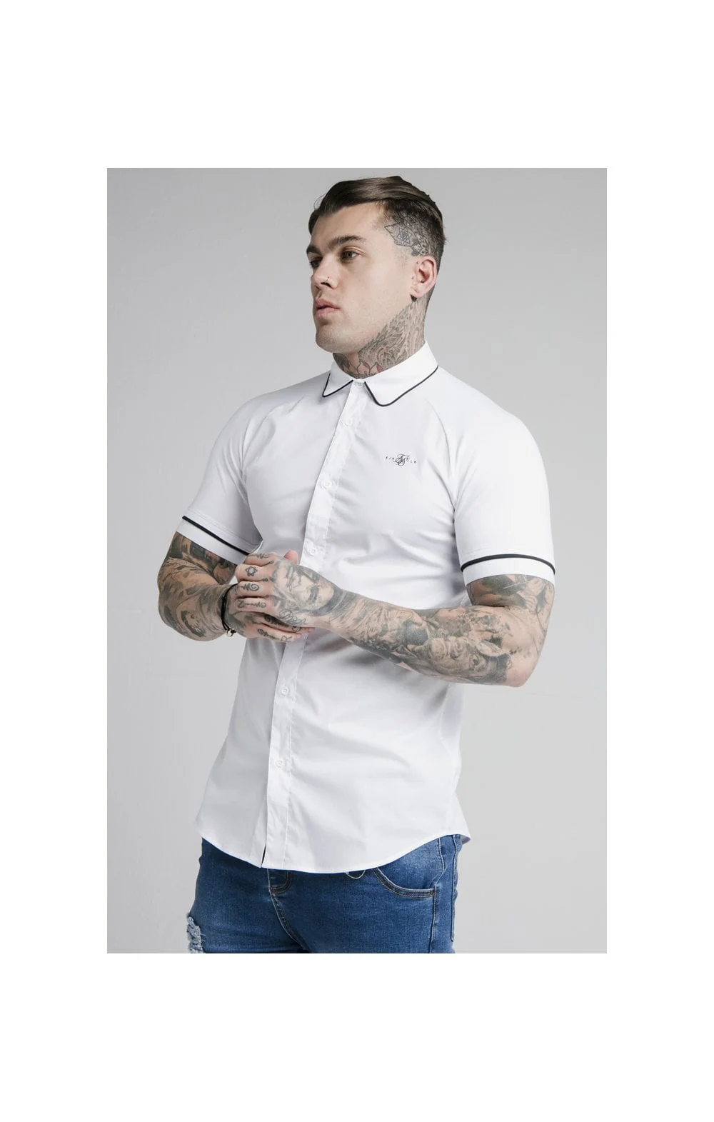 SikSilk S/S Piping Inset Cuff Shirt - White - Image 2