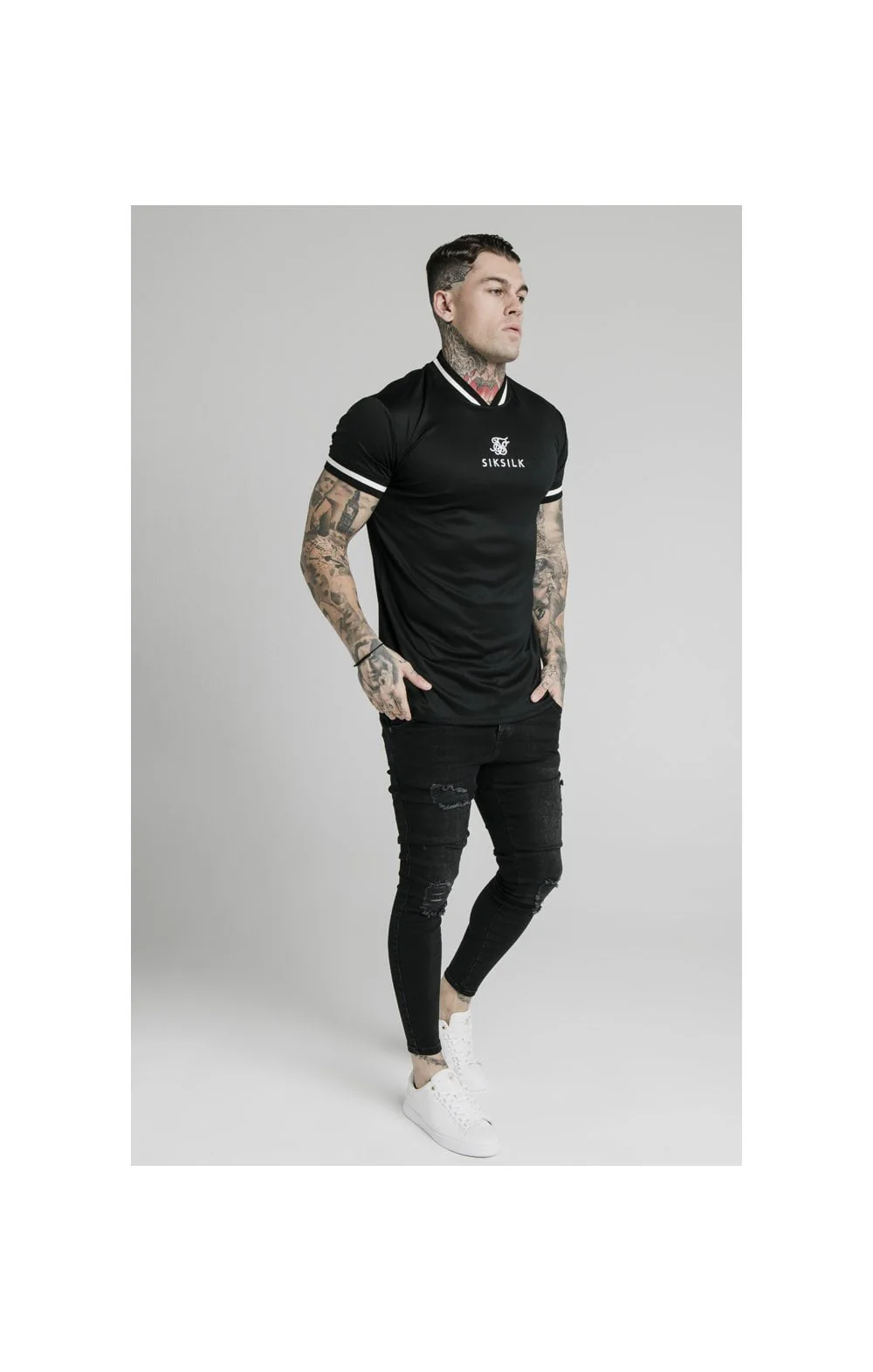 SikSilk S/S Poly Rib Collar Tee - Black - Image 3