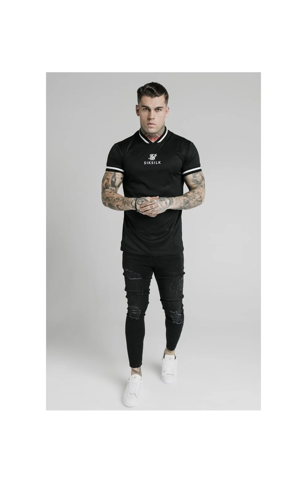 SikSilk S/S Poly Rib Collar Tee - Black - Image 4