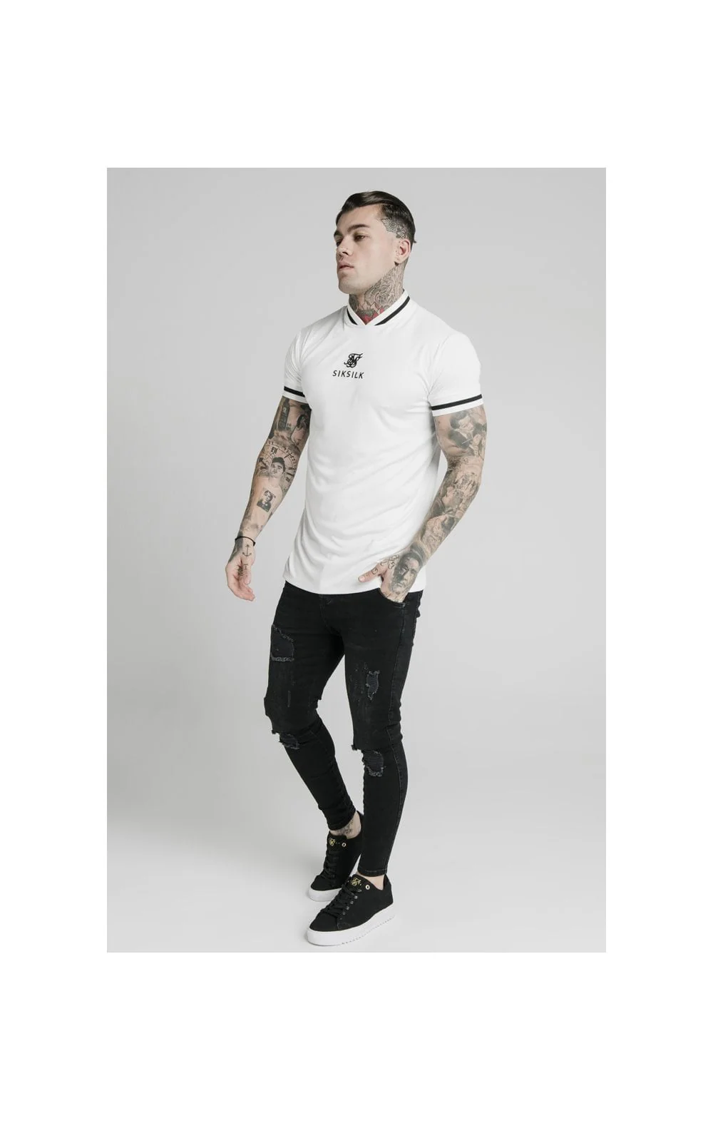 SikSilk S/S Poly Rib Collar Tee - Off White - Image 3