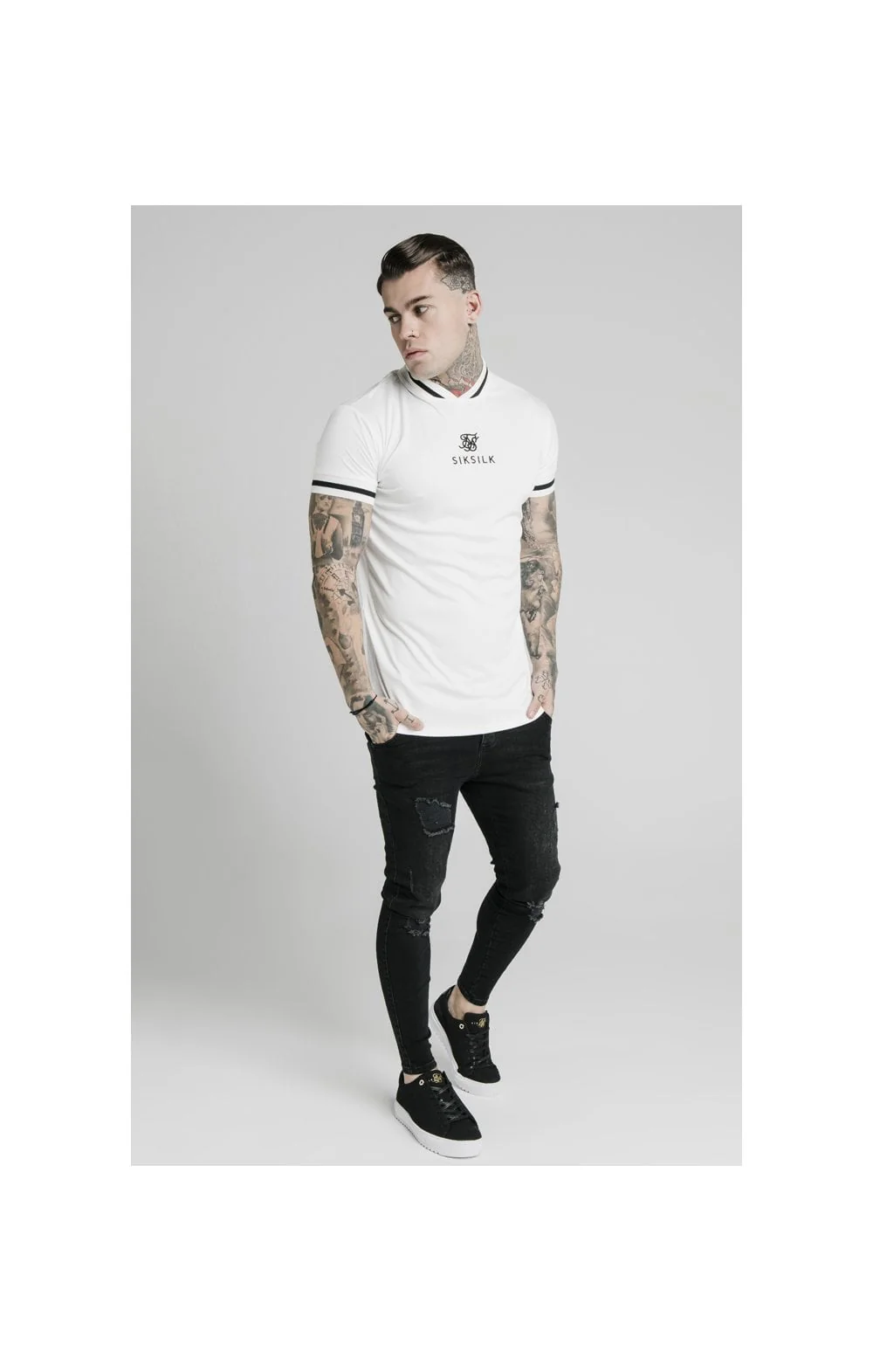 SikSilk S/S Poly Rib Collar Tee - Off White - Image 4