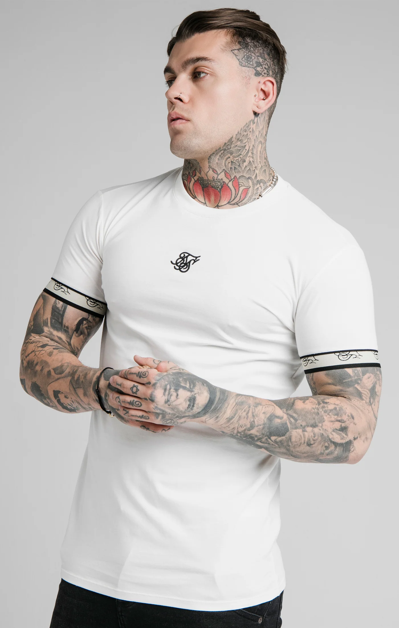 SikSilk S/S Premium Tape Gym Tee - Off White & Black