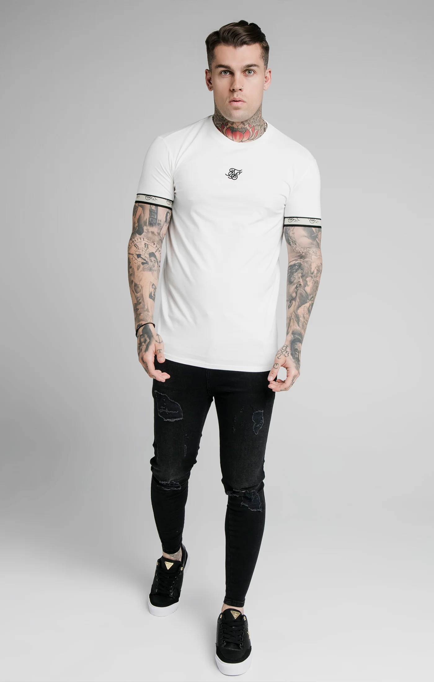SikSilk S/S Premium Tape Gym Tee - Off White & Black - Image 3