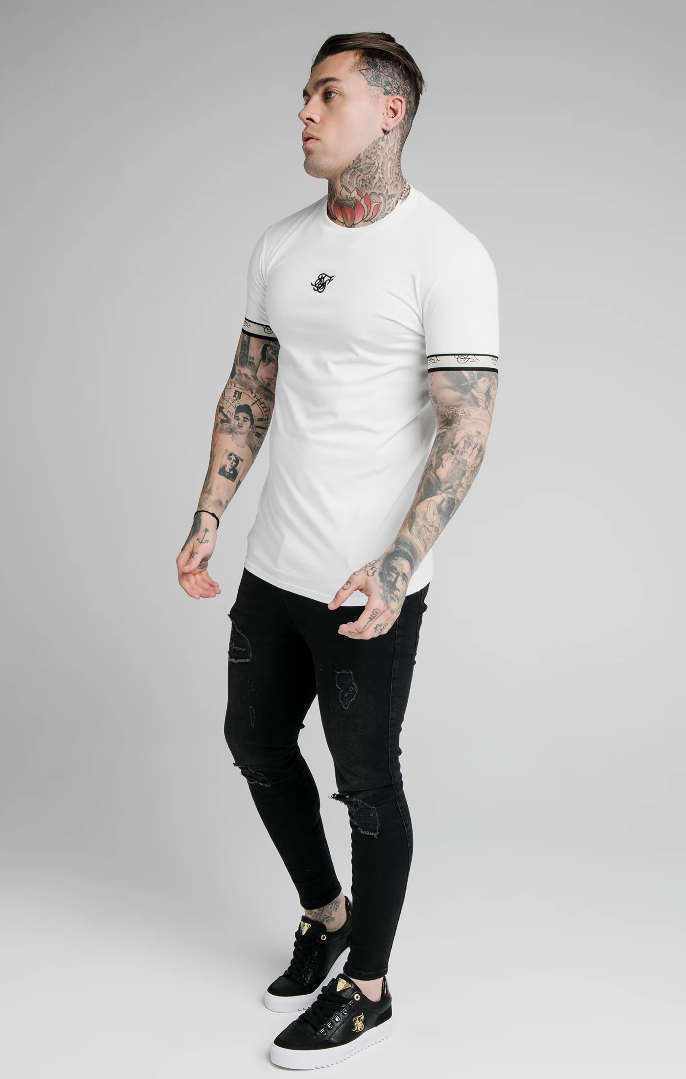 SikSilk S/S Premium Tape Gym Tee - Off White & Black - Image 4