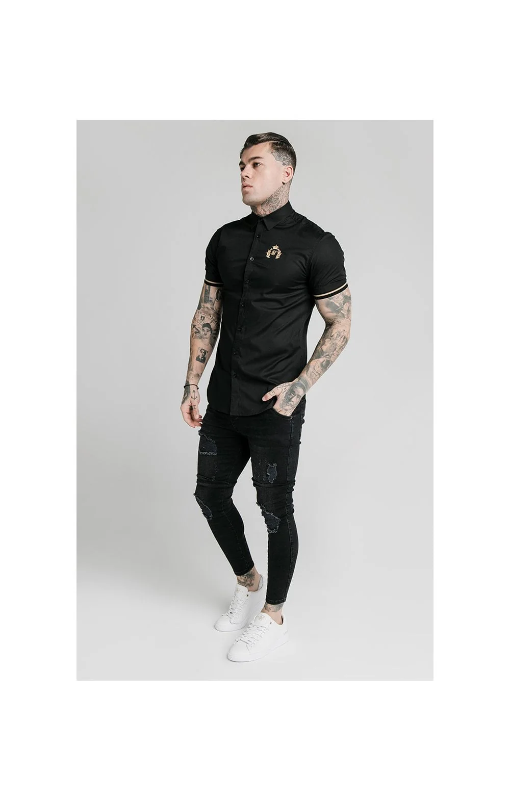 SikSilk S/S Prestige Inset Cuff Shirt - Black - Image 3