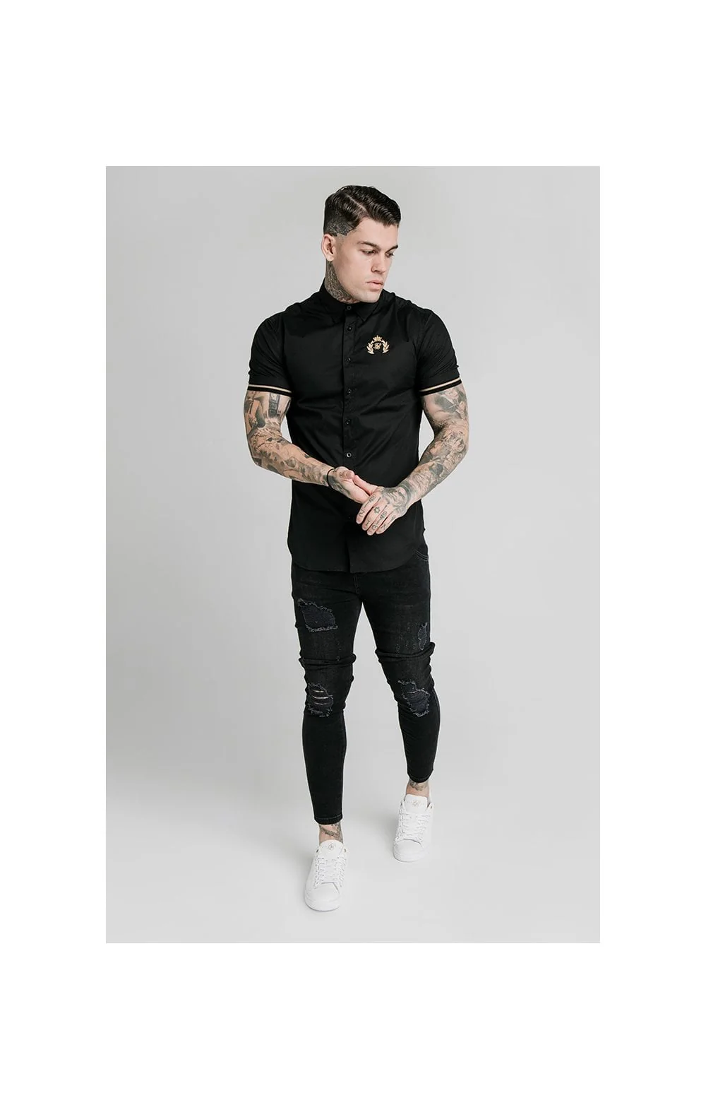 SikSilk S/S Prestige Inset Cuff Shirt - Black - Image 4