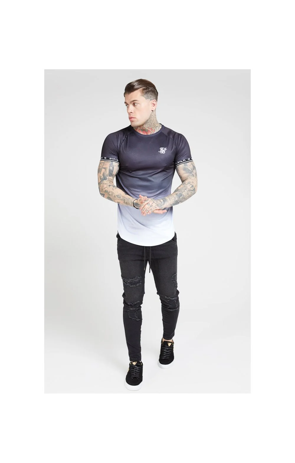 SikSilk S/S Raglan Curved Hem Tech Tee – Black & White - Image 3