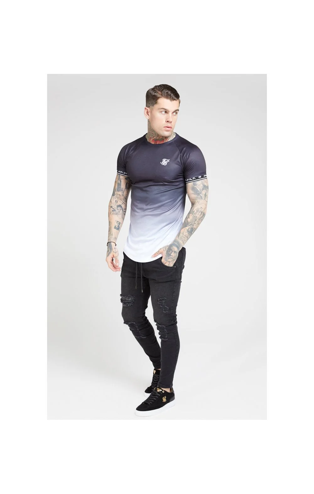 SikSilk S/S Raglan Curved Hem Tech Tee – Black & White - Image 4