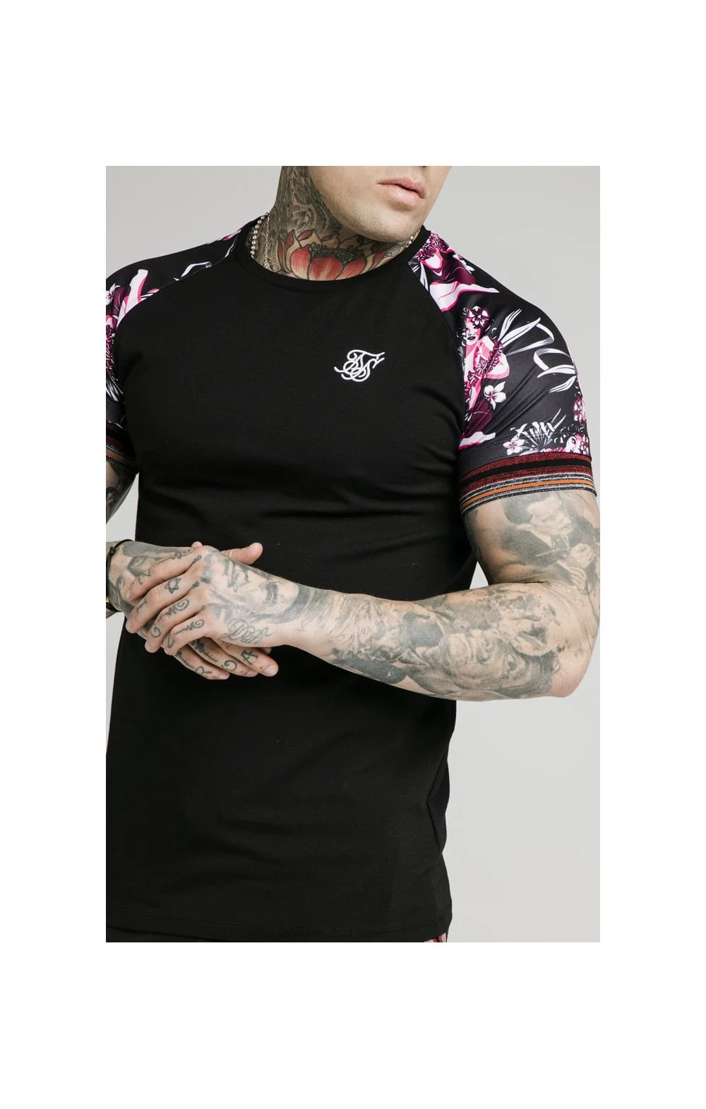 SikSilk S/S Raglan Gym Tee - Black & Tropics - Image 2