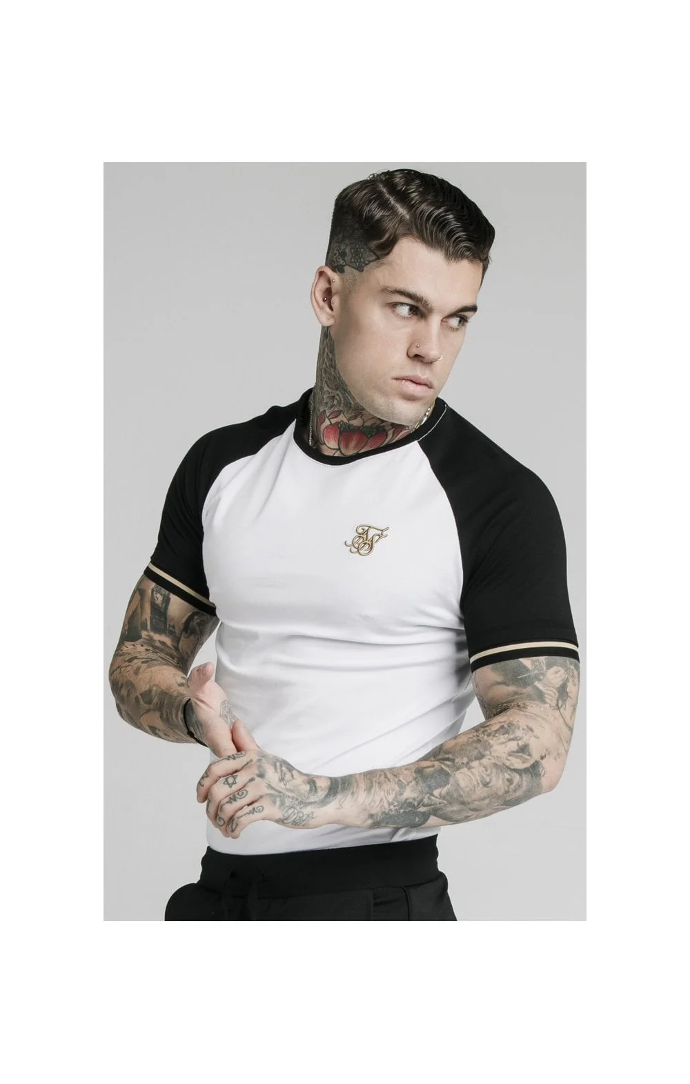 SikSilk S/S Raglan Inset Cuff Gym Tee - White & Black
