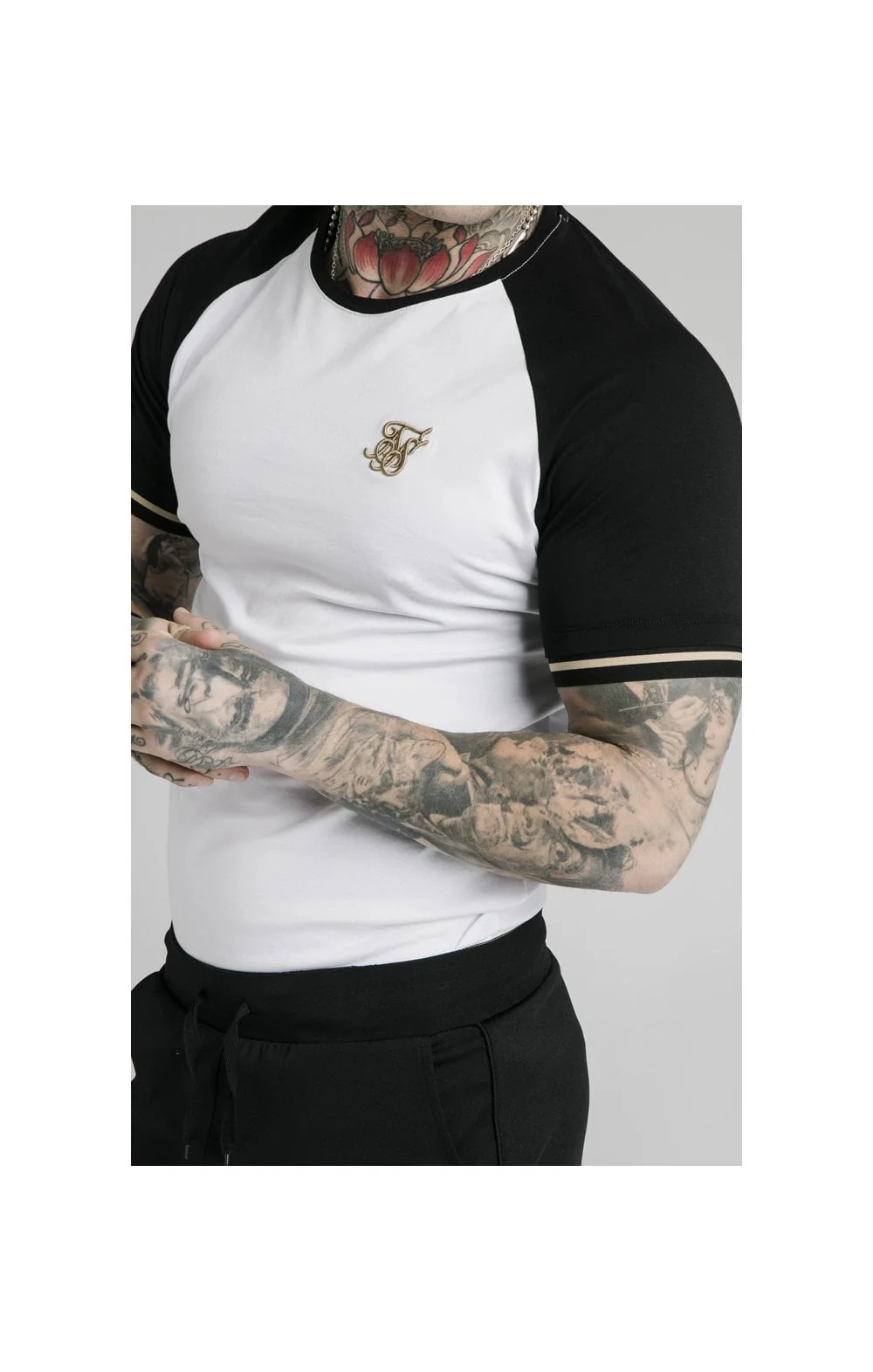 SikSilk S/S Raglan Inset Cuff Gym Tee - White & Black - Image 2