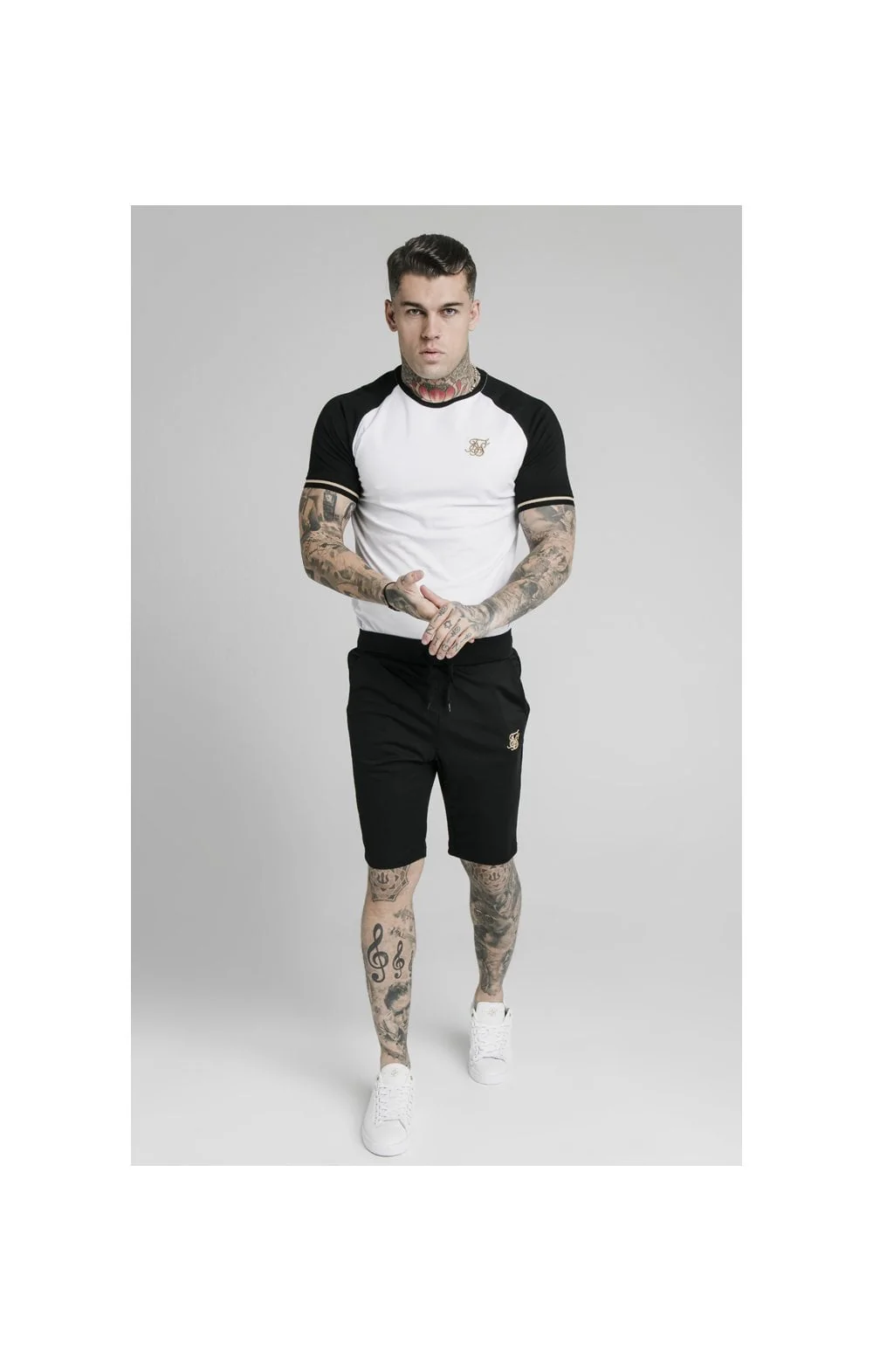 SikSilk S/S Raglan Inset Cuff Gym Tee - White & Black - Image 3