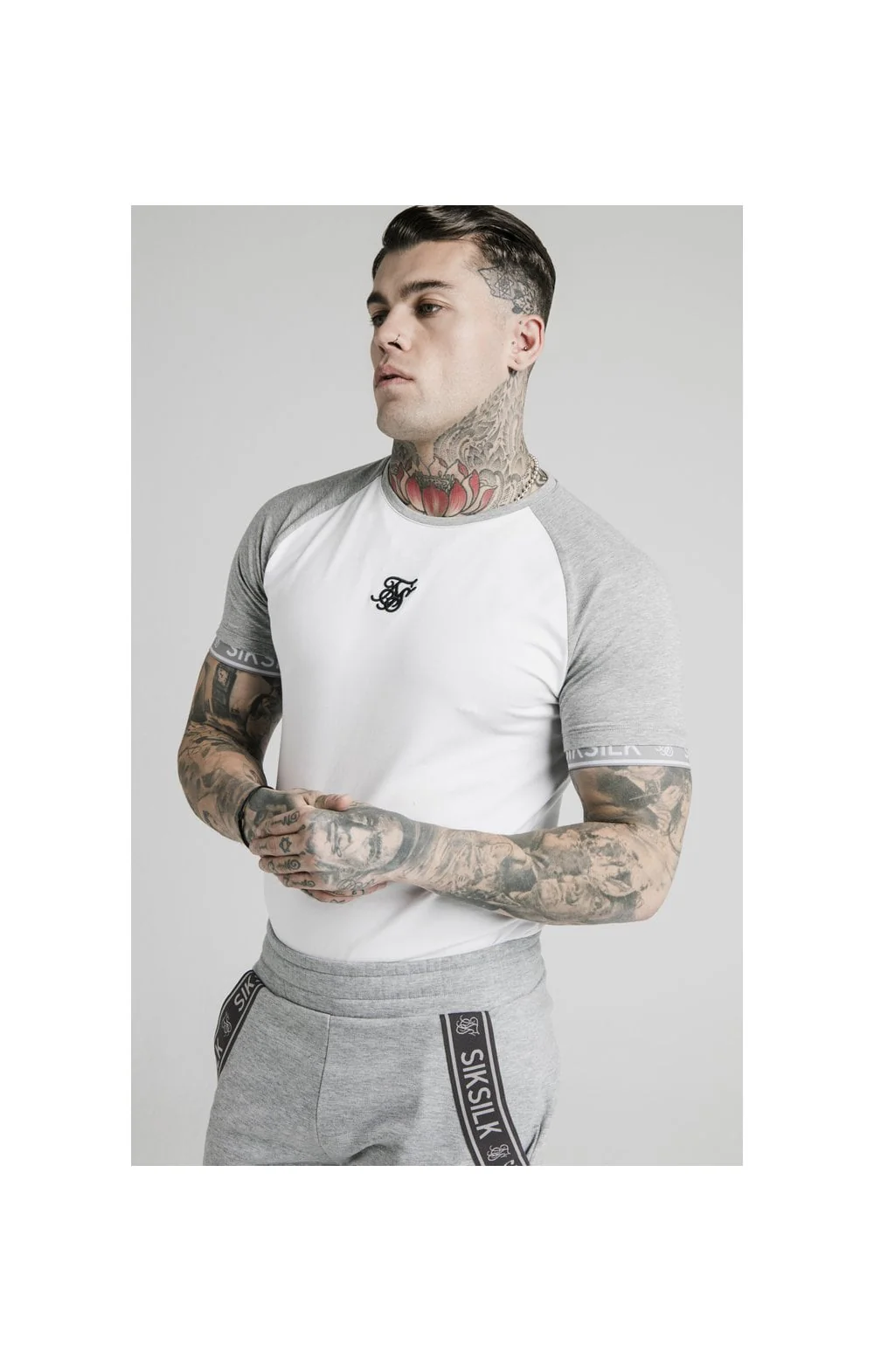 SikSilk S/S Raglan Inset Cuff Gym Tee - White & Grey Marl