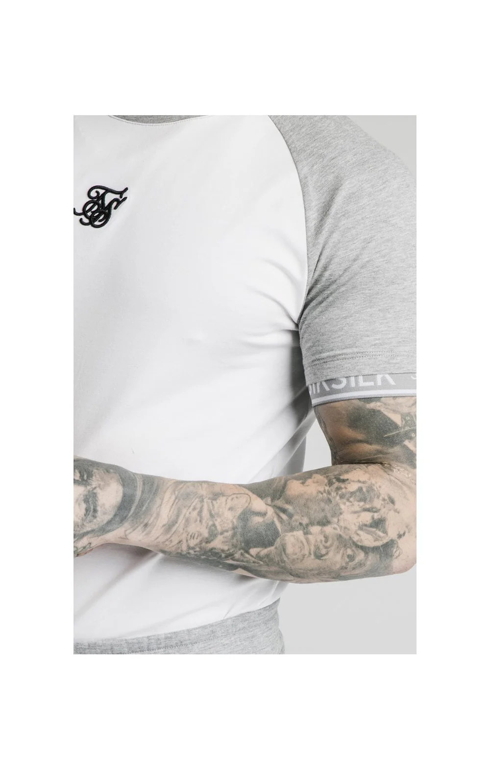 SikSilk S/S Raglan Inset Cuff Gym Tee - White & Grey Marl - Image 2
