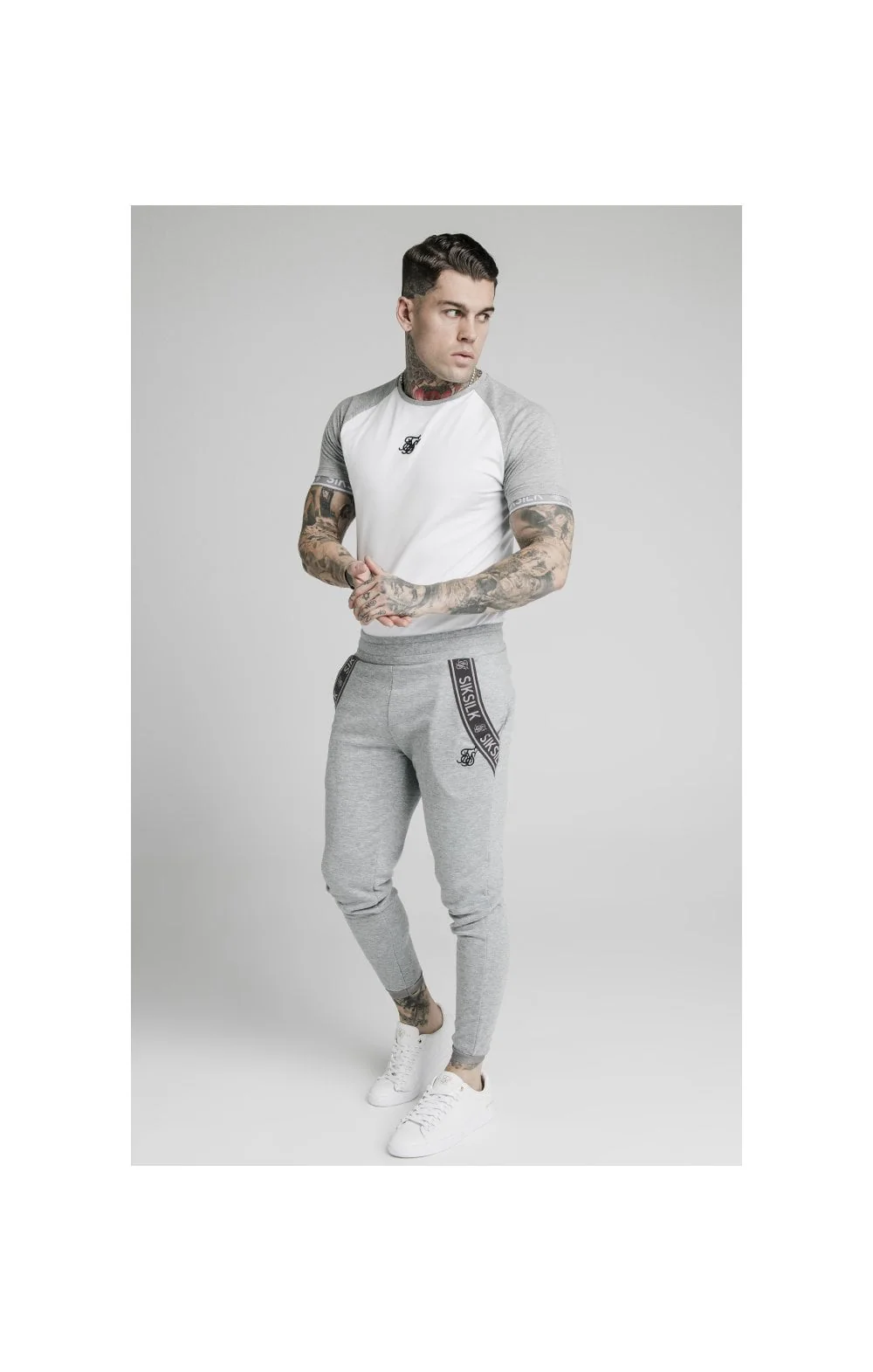 SikSilk S/S Raglan Inset Cuff Gym Tee - White & Grey Marl - Image 3