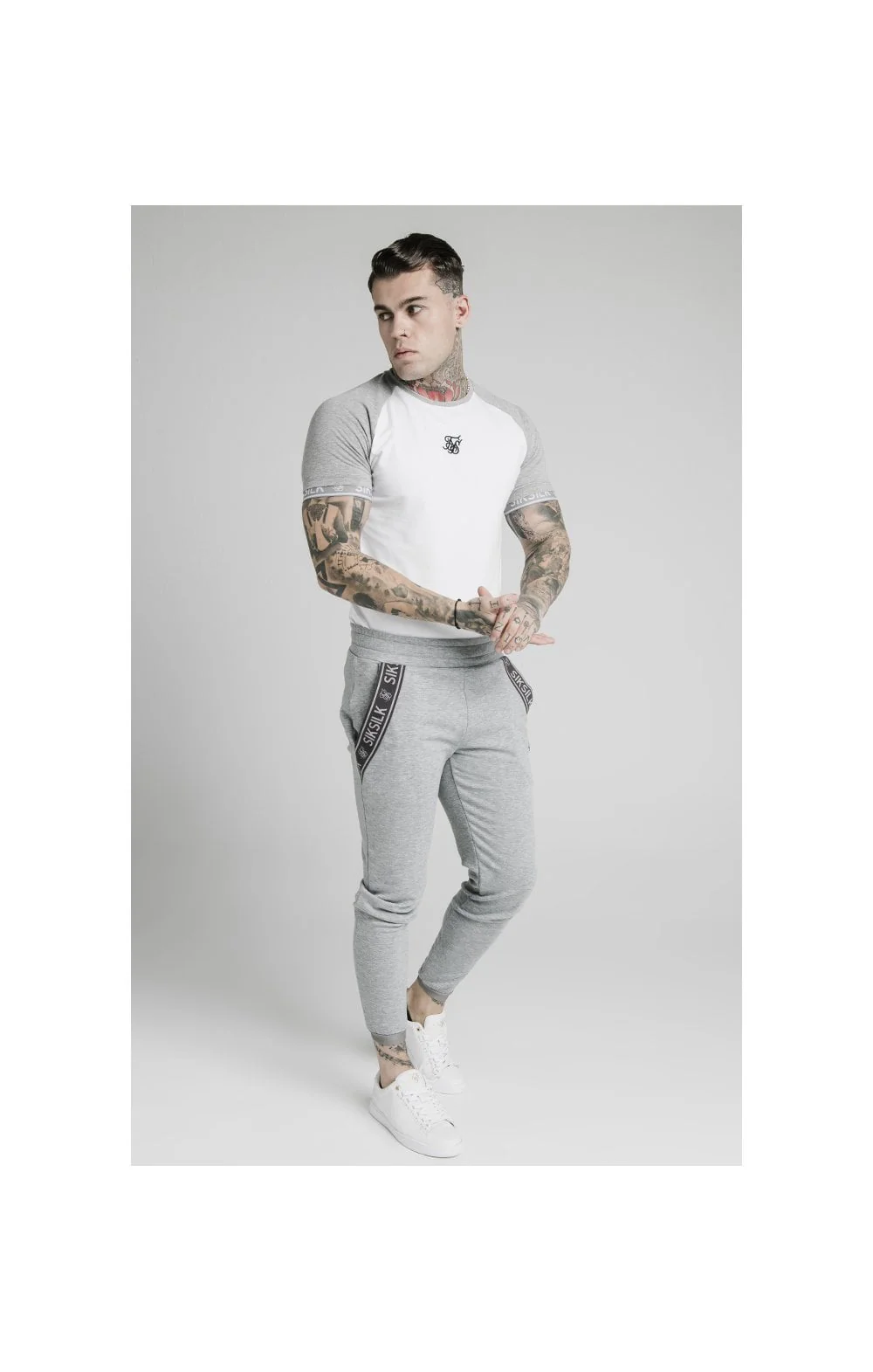 SikSilk S/S Raglan Inset Cuff Gym Tee - White & Grey Marl - Image 4