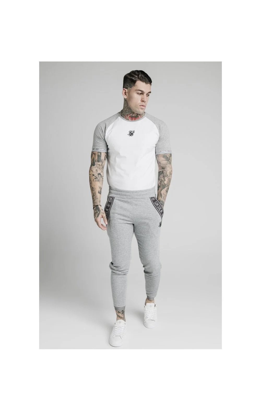 SikSilk S/S Raglan Inset Cuff Gym Tee - White & Grey Marl - Image 5
