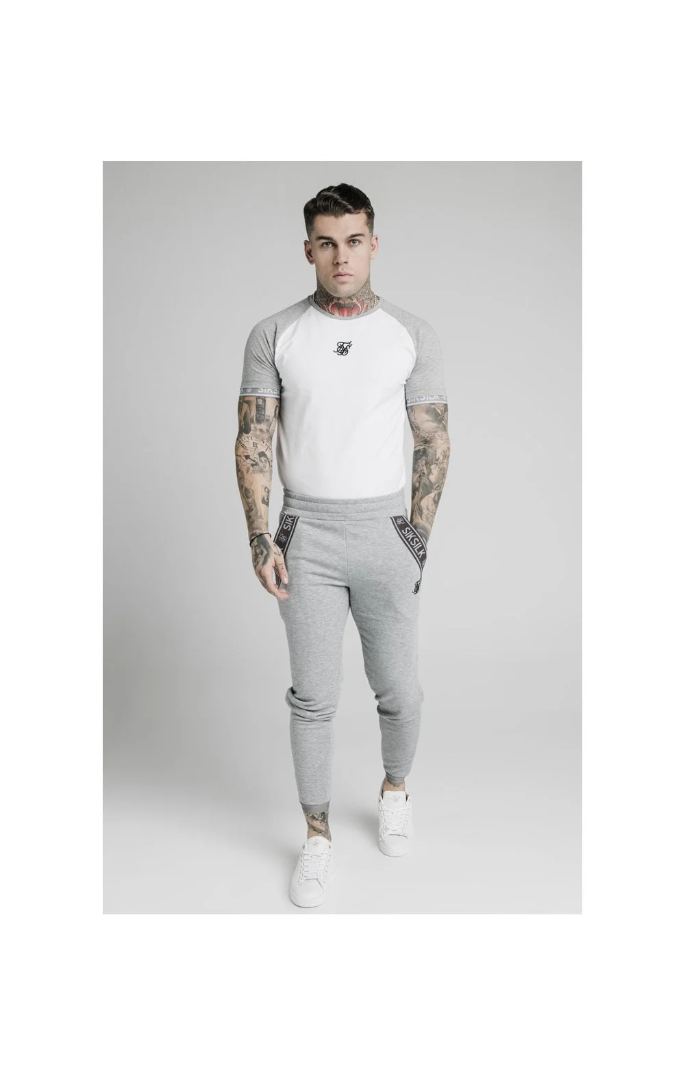 SikSilk S/S Raglan Inset Cuff Gym Tee - White & Grey Marl - Image 6