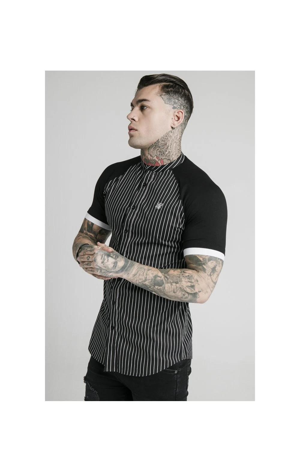 SikSilk S/S Raglan Inset Cuff  Shirt - Black & White