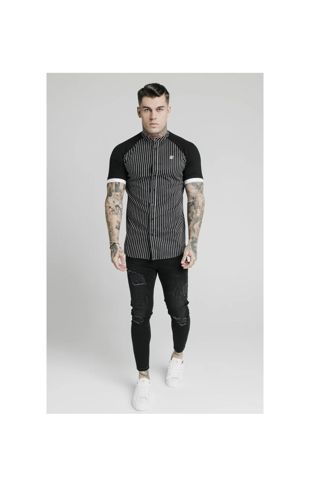 SikSilk S/S Raglan Inset Cuff  Shirt - Black & White - Image 3