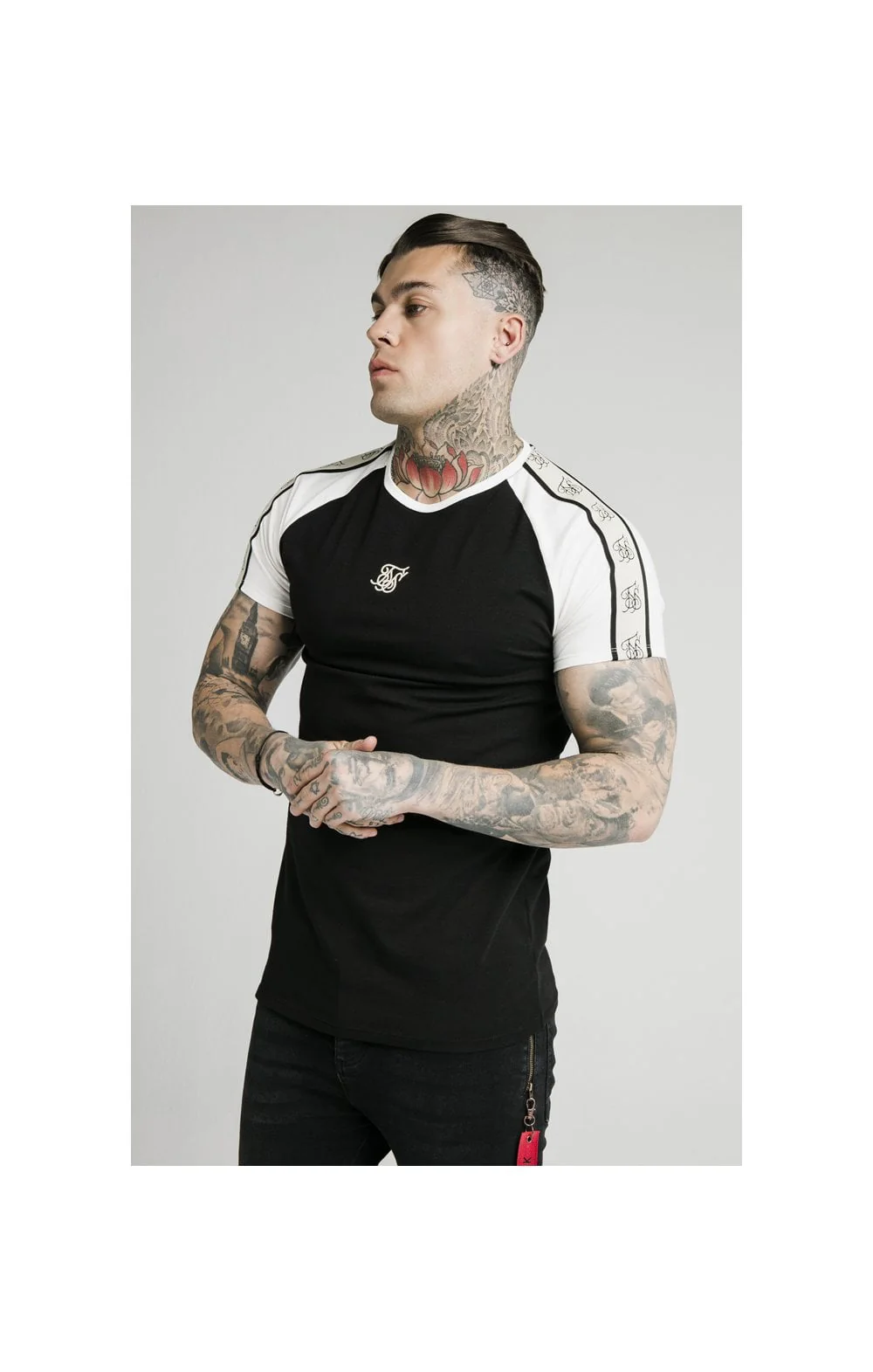 SikSilk S/S Raglan Premium Tape Gym Tee - Black & Off White