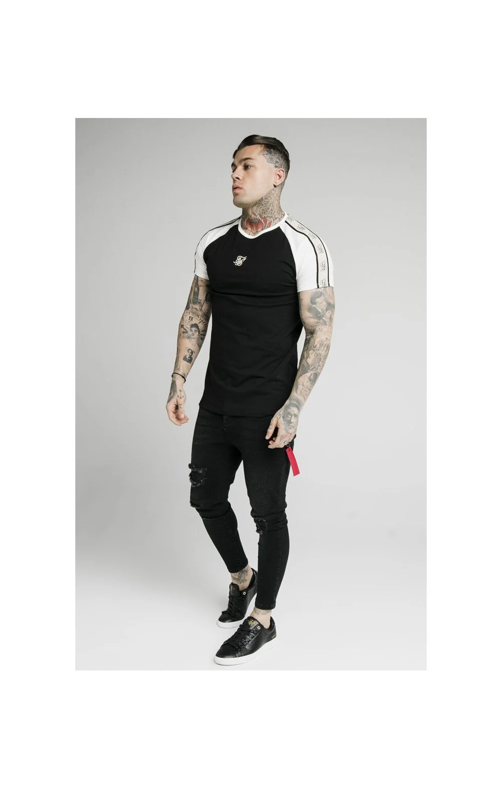 SikSilk S/S Raglan Premium Tape Gym Tee - Black & Off White - Image 3