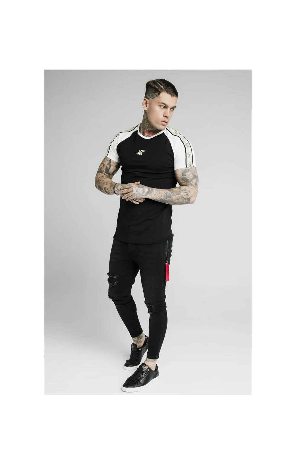 SikSilk S/S Raglan Premium Tape Gym Tee - Black & Off White - Image 4