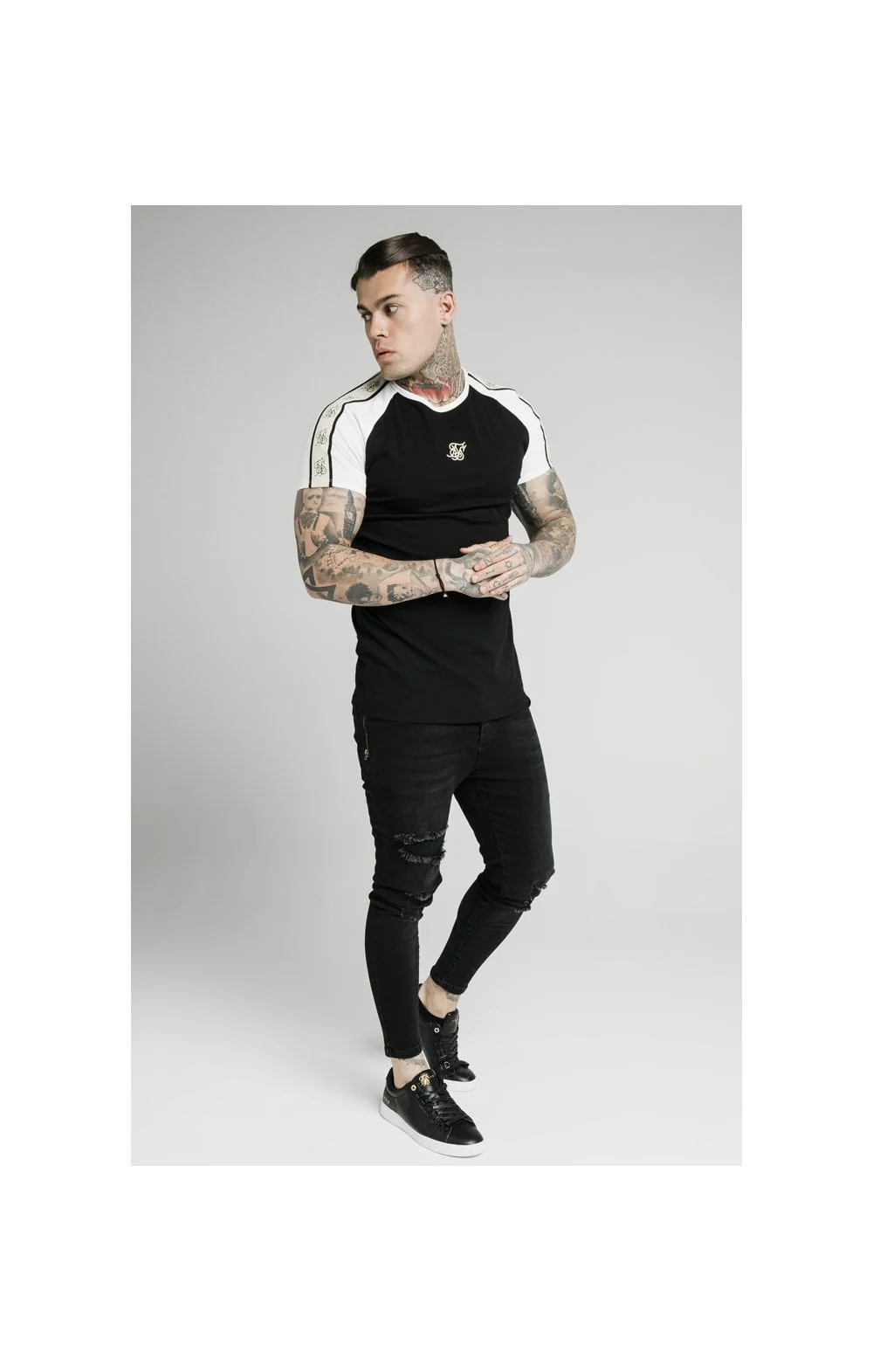 SikSilk S/S Raglan Premium Tape Gym Tee - Black & Off White - Image 5